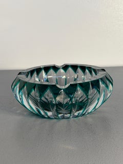 Green Cut Crystal Ashtray Bowl with Faceted Geometric Design
