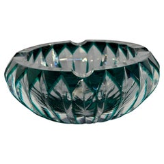 Green Cut Crystal Ashtray Bowl with Faceted Geometric Design