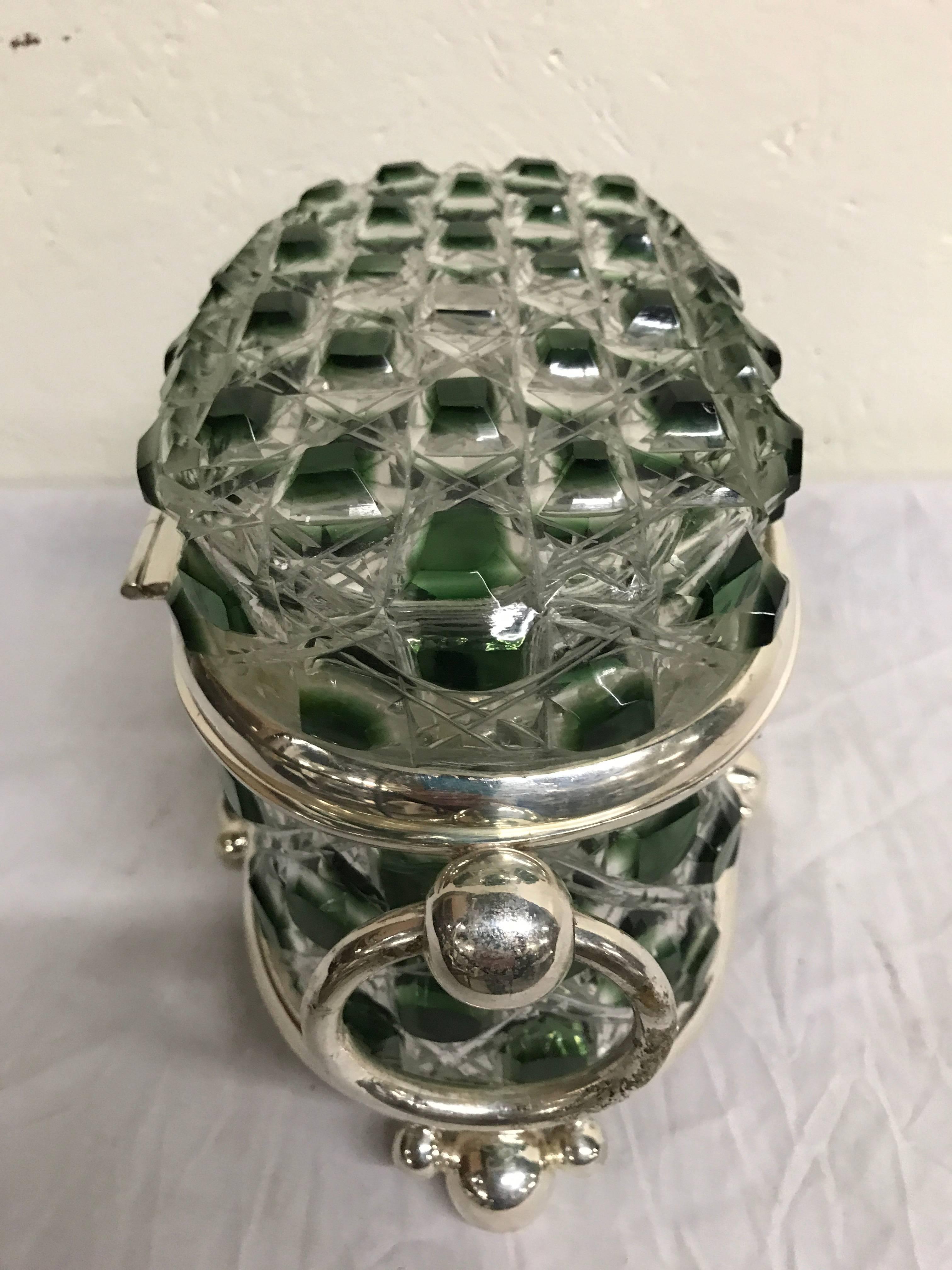 Silver Plate Green Cut to Clear Table Box Attributed to Baccarat