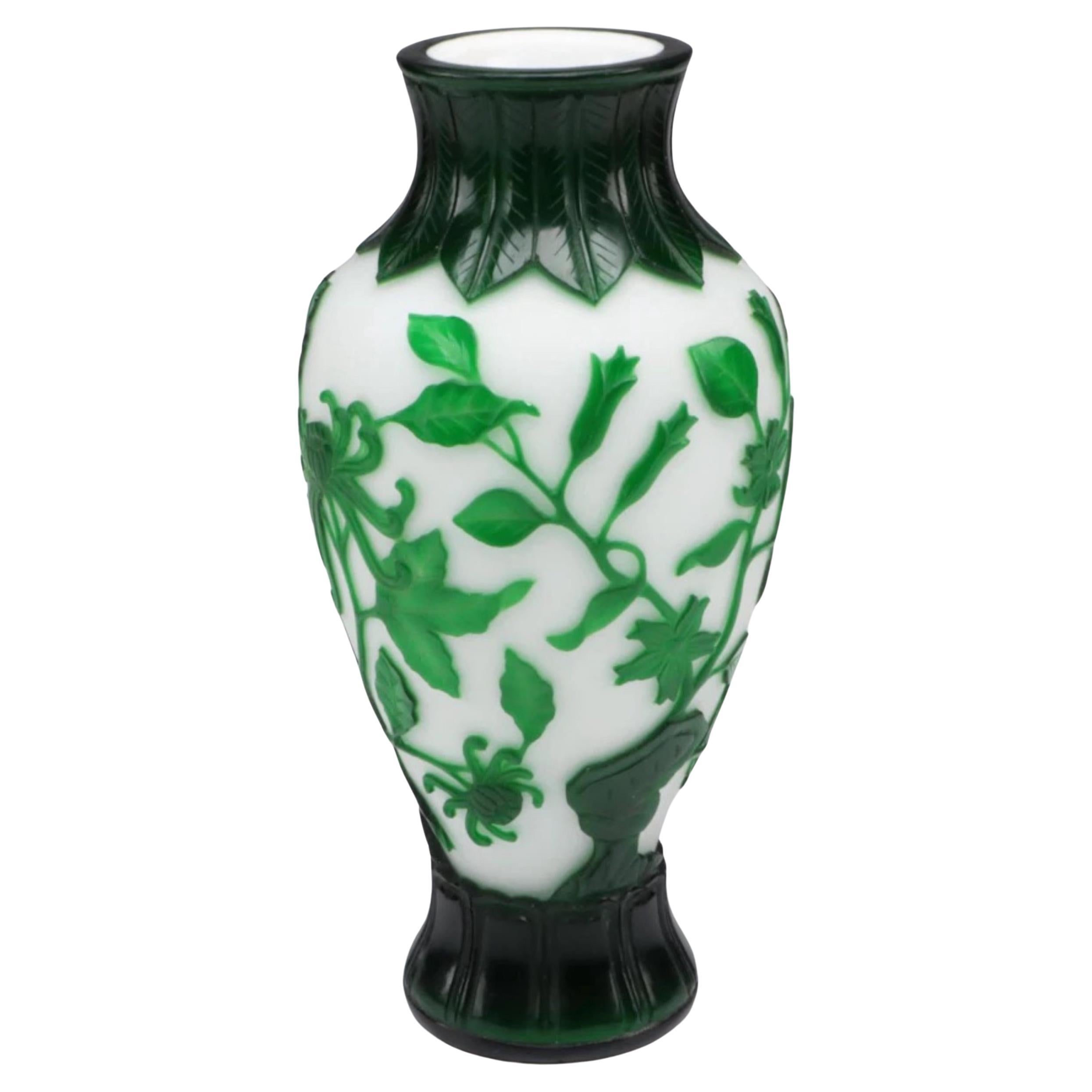 Green Cut To White Carved Peking Glass Vase.