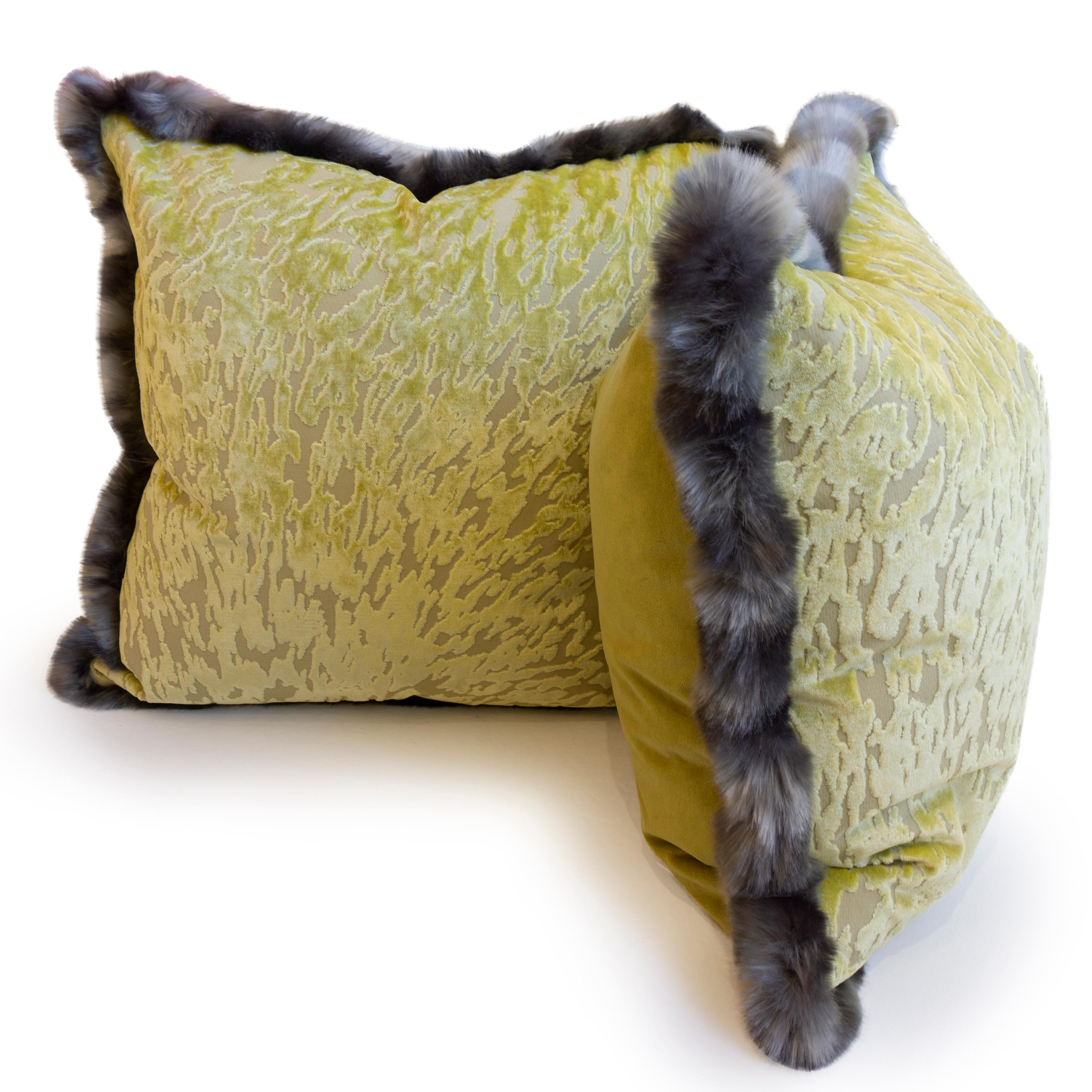American Green Cut Velvet Throw Pillow with Faux Fur Trim
