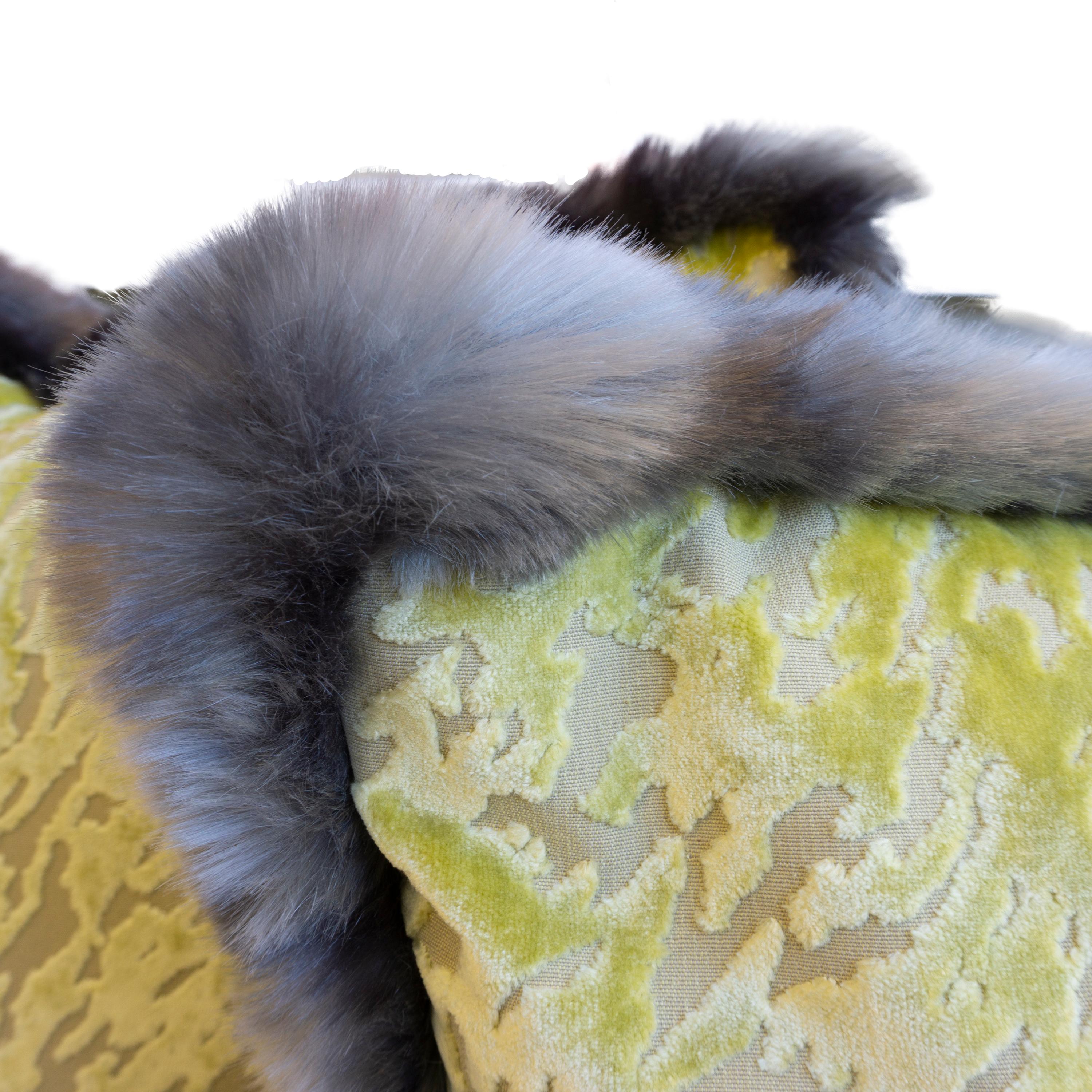 Contemporary Green Cut Velvet Throw Pillow with Faux Fur Trim