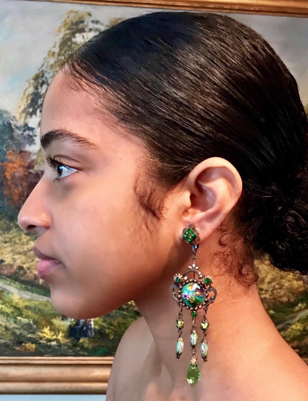 Baroque Green Czech Glass Long Dangling Chandelier Earrings With Screw-Clip Back For Sale