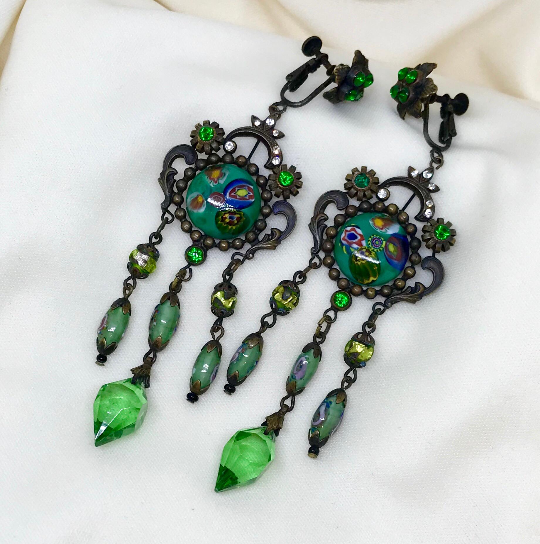 Green Czech Glass Long Dangling Chandelier Earrings With Screw-Clip Back In Good Condition For Sale In Long Beach, CA