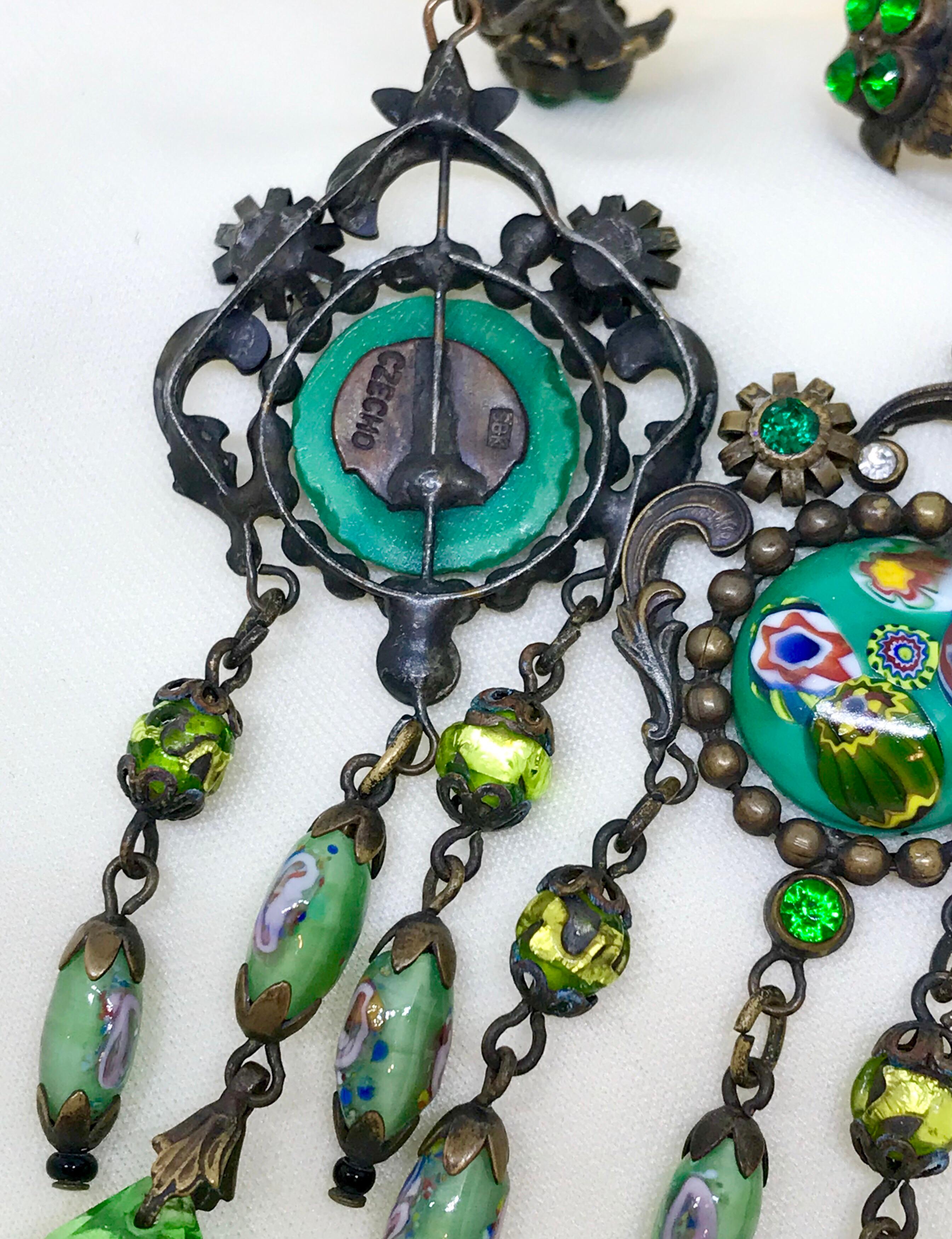 Women's Green Czech Glass Long Dangling Chandelier Earrings With Screw-Clip Back For Sale
