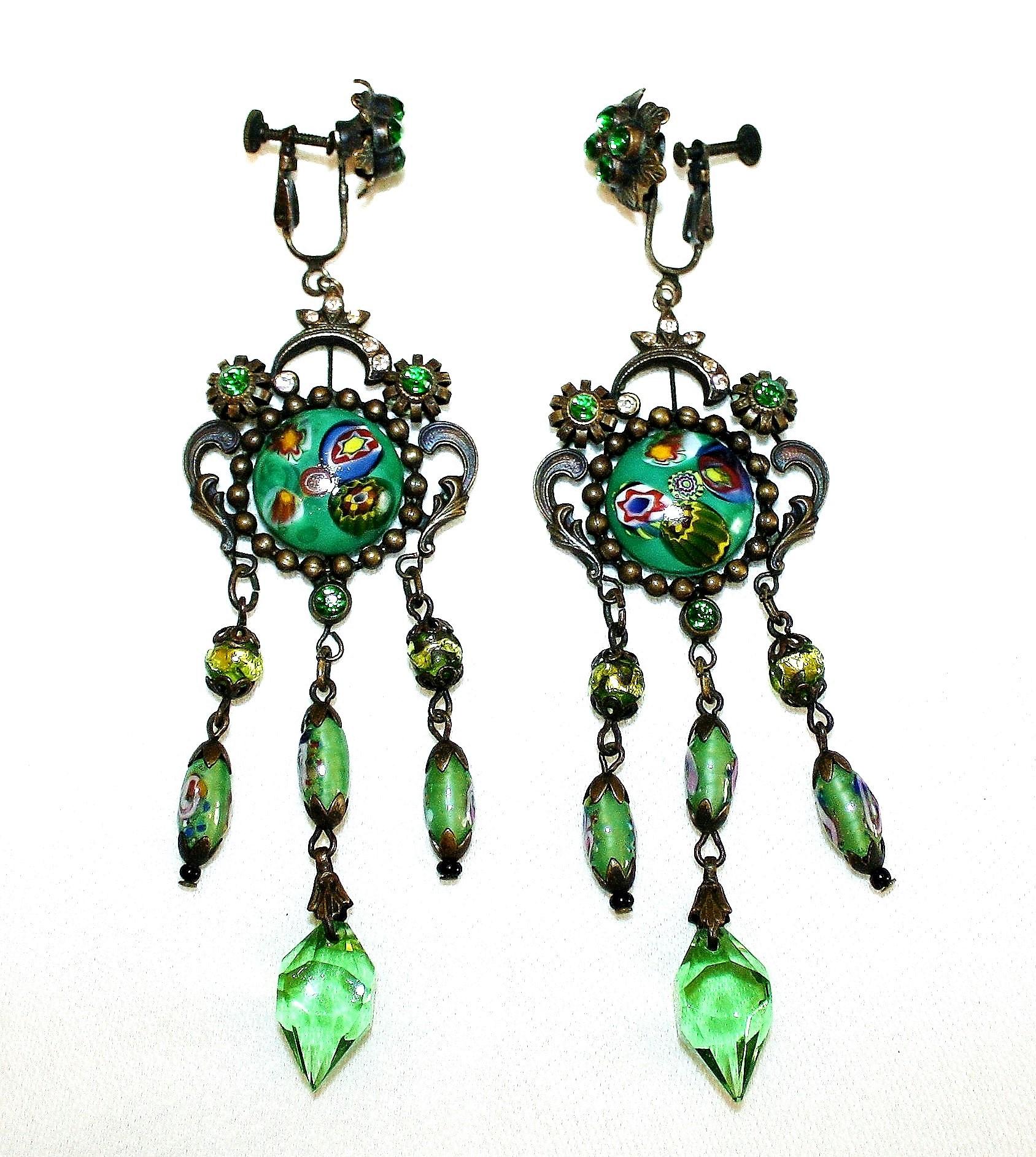 Green Czech Glass Long Dangling Chandelier Earrings With Screw-Clip Back For Sale 1