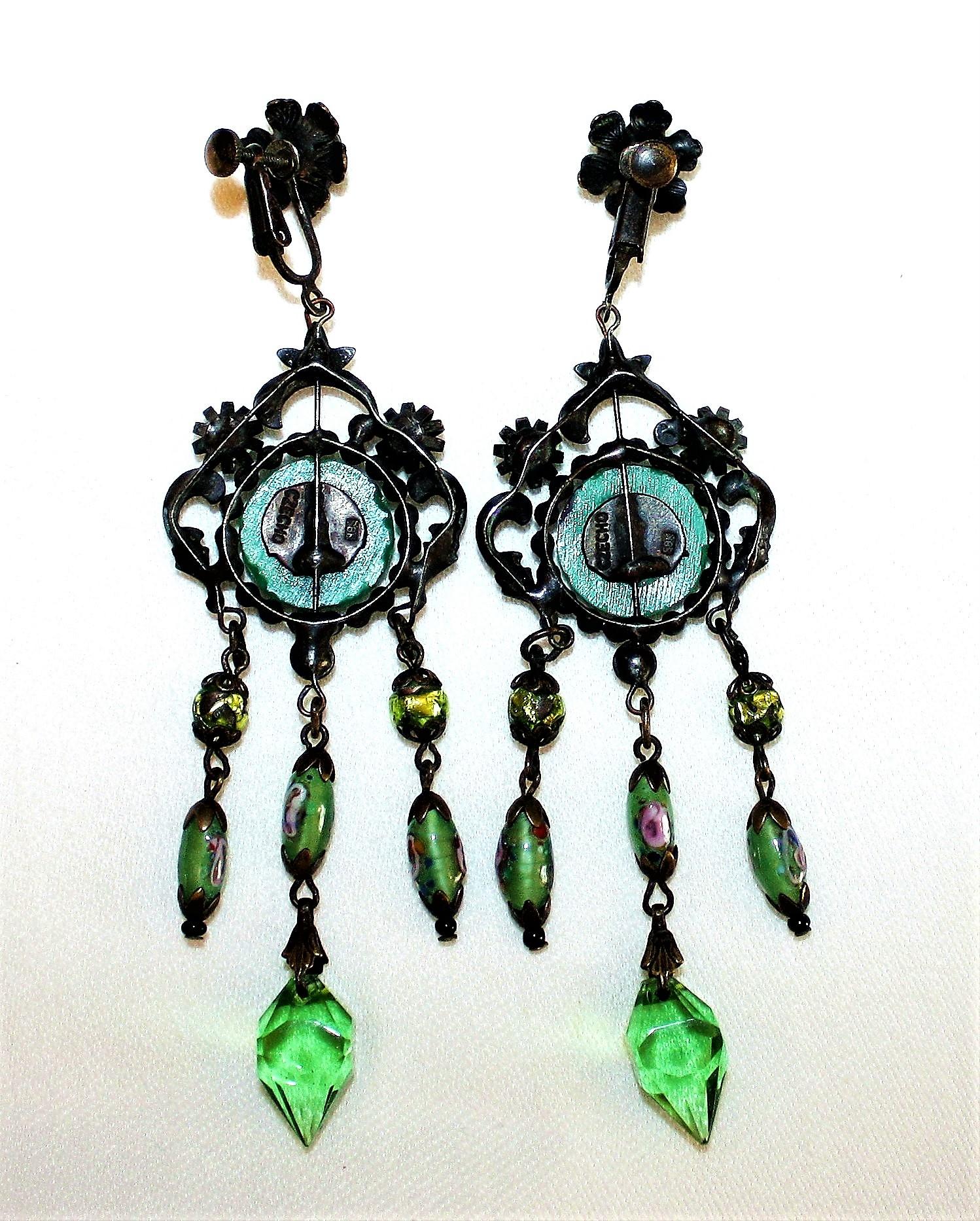 Green Czech Glass Long Dangling Chandelier Earrings With Screw-Clip Back For Sale 2