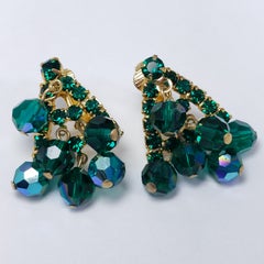 Green Dangling Cluster Crystal Clip on Earrings in Gold, 1900s