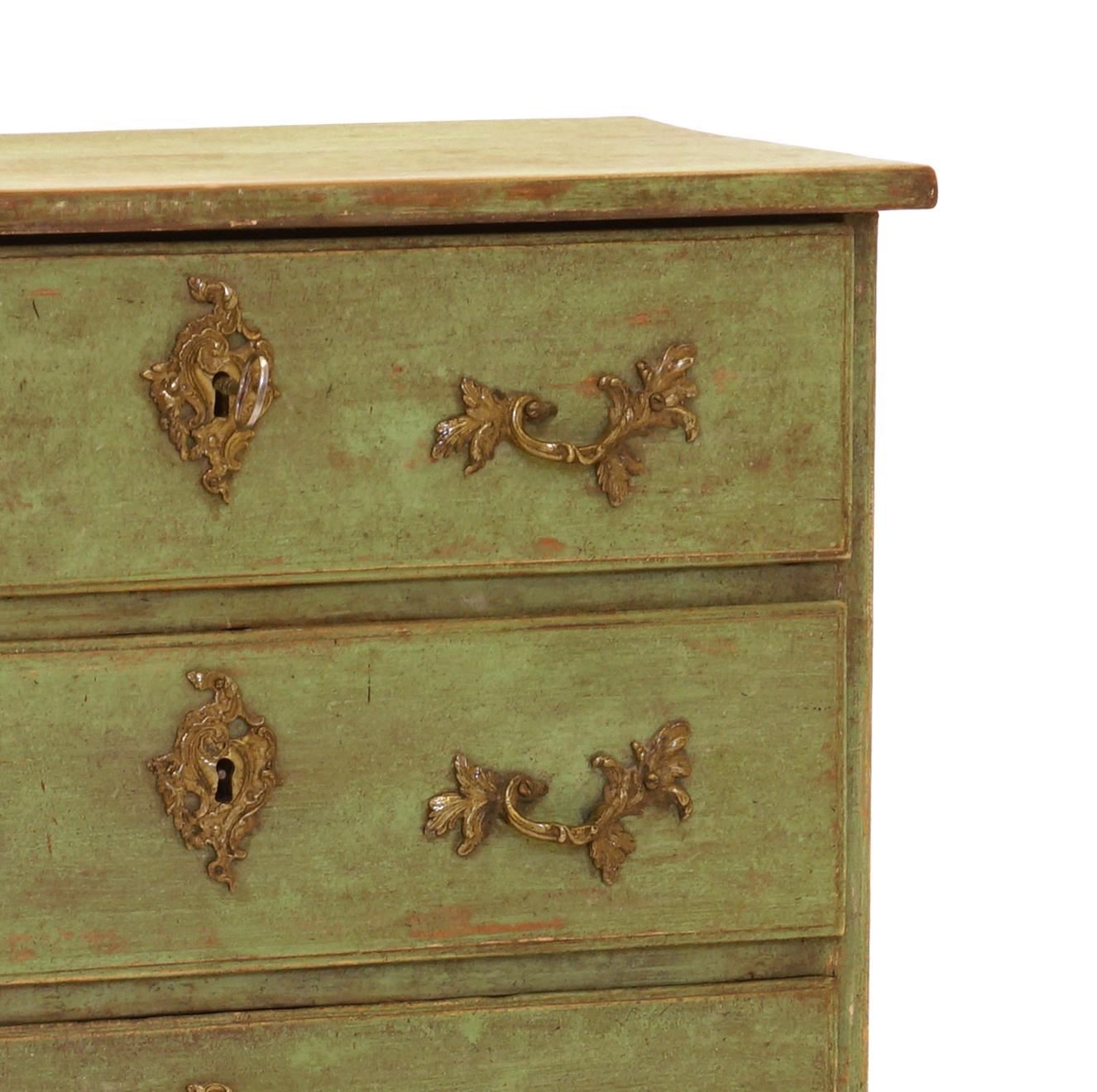 Mid-18th Century Green Decorated 18th Century Swedish Rococo Commode / Chest of Drawers For Sale