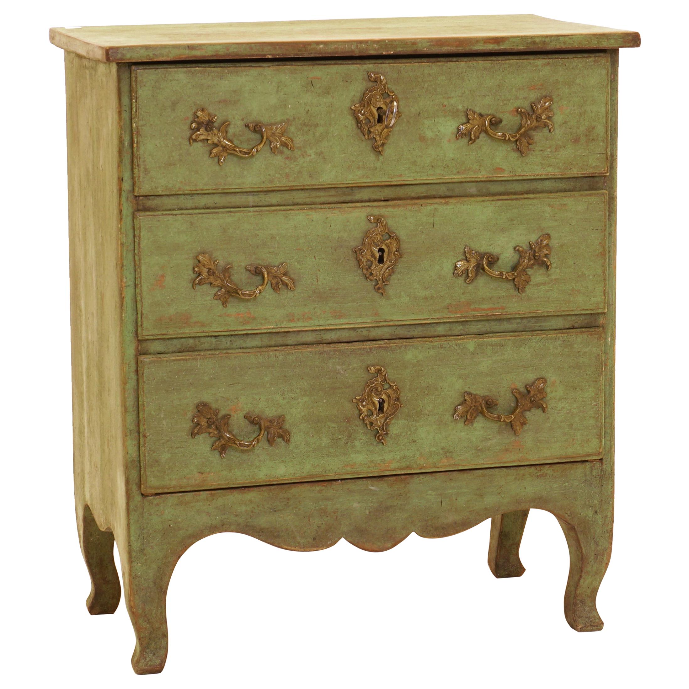 Green Decorated 18th Century Swedish Rococo Commode / Chest of Drawers For Sale