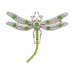 Green Demantoid Garnet and Diamond Dragonfly Brooch