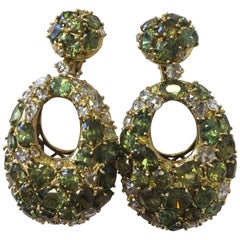 Green Demantoid Garnet and White Diamond Long Earrings in 18 Karat Yellow Gold