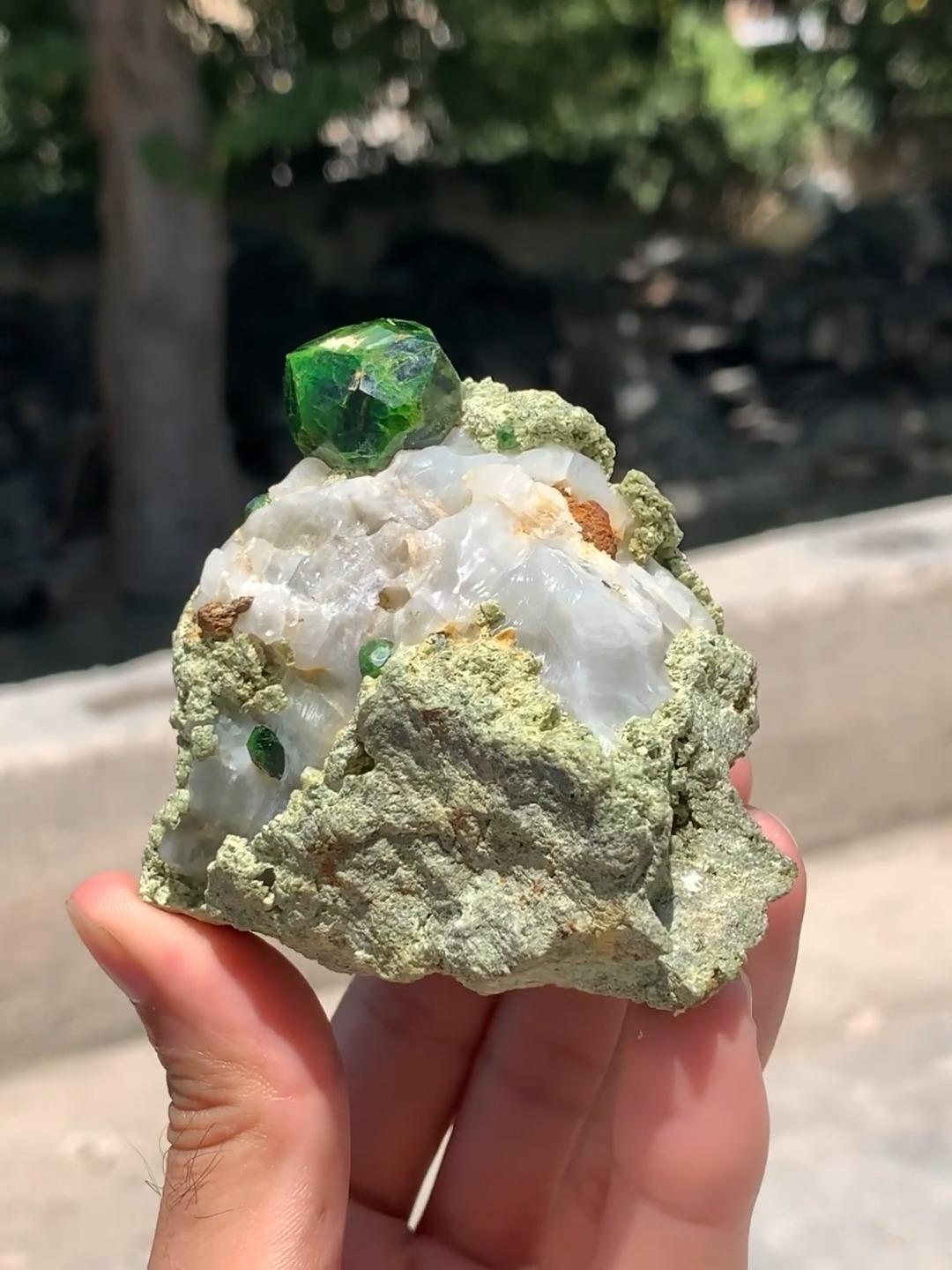 Grüner Demantoid-Granat Focal-Kristall auf Matrix aus Kuh-E-Belgheys, Iran (Ungeschliffen)