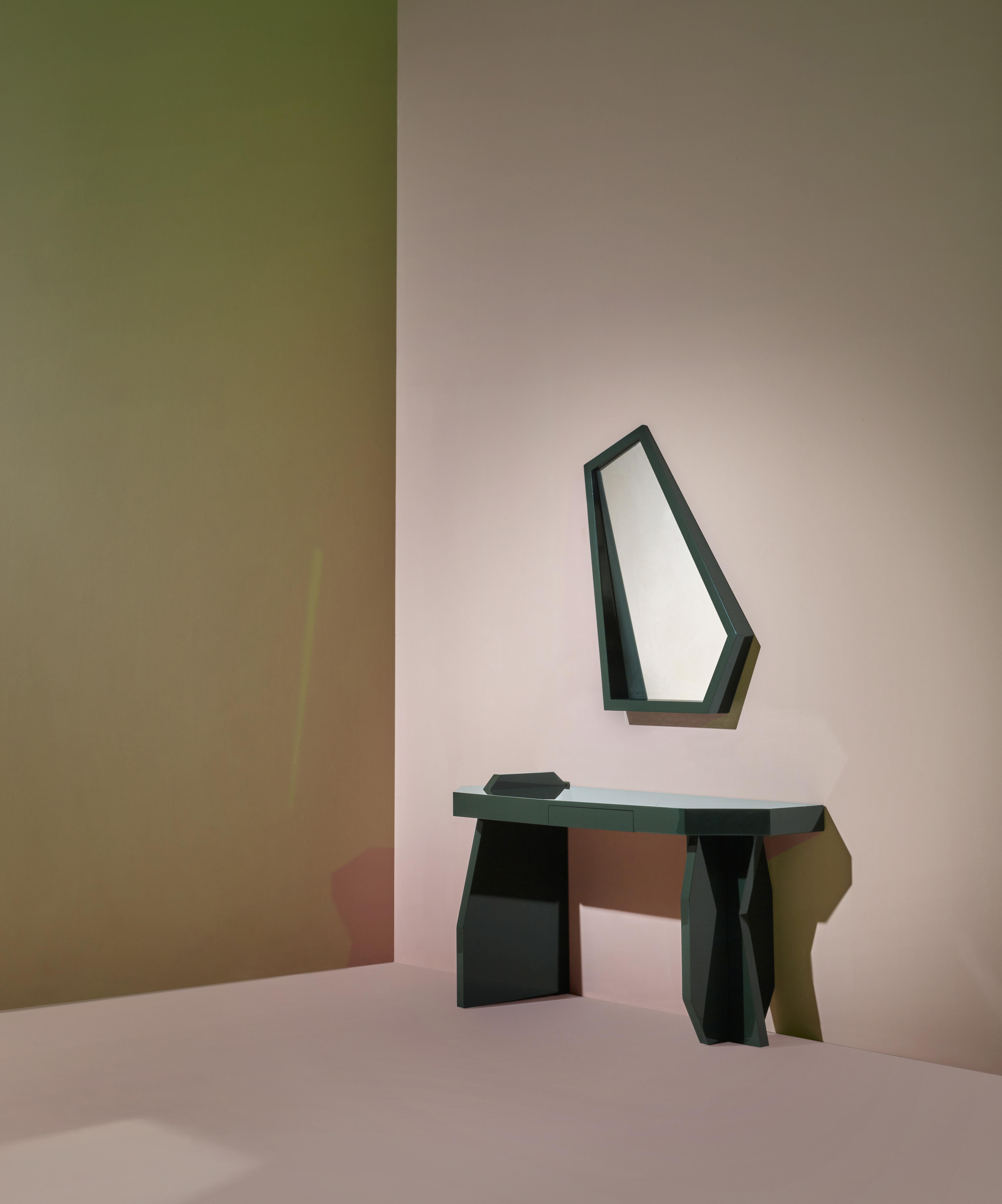Modern Green Desk, desk and mirror in glossy lacquered green MDF, Kiki Van Eijk For Sale
