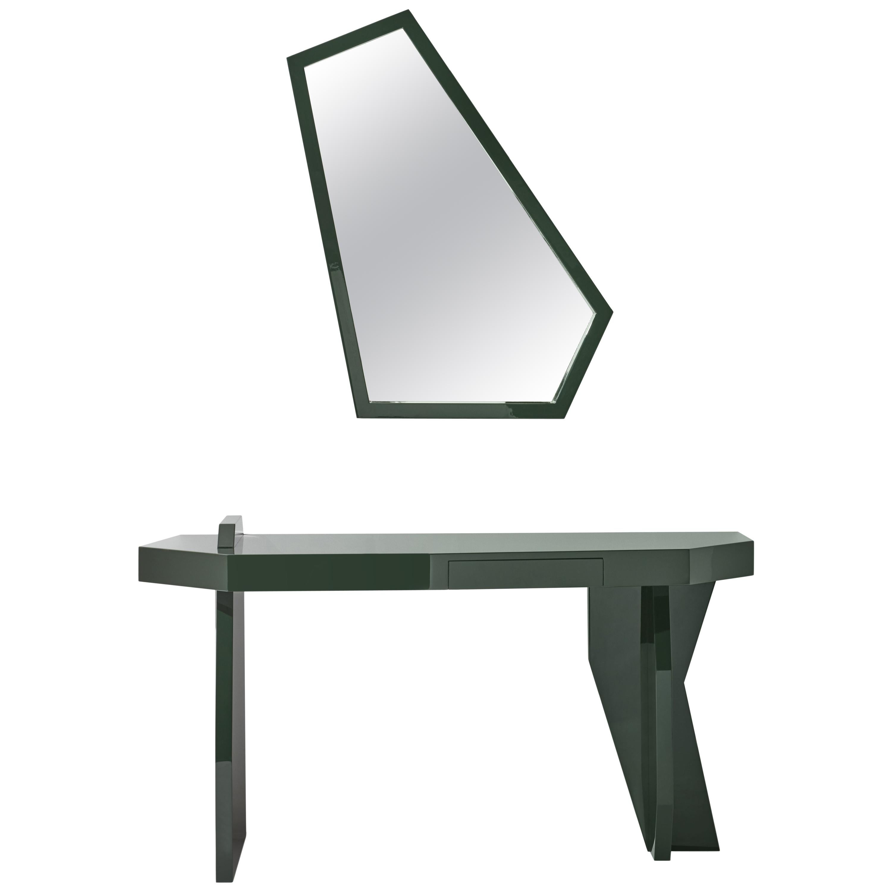 Green Desk, desk and mirror in glossy lacquered green MDF, Kiki Van Eijk For Sale