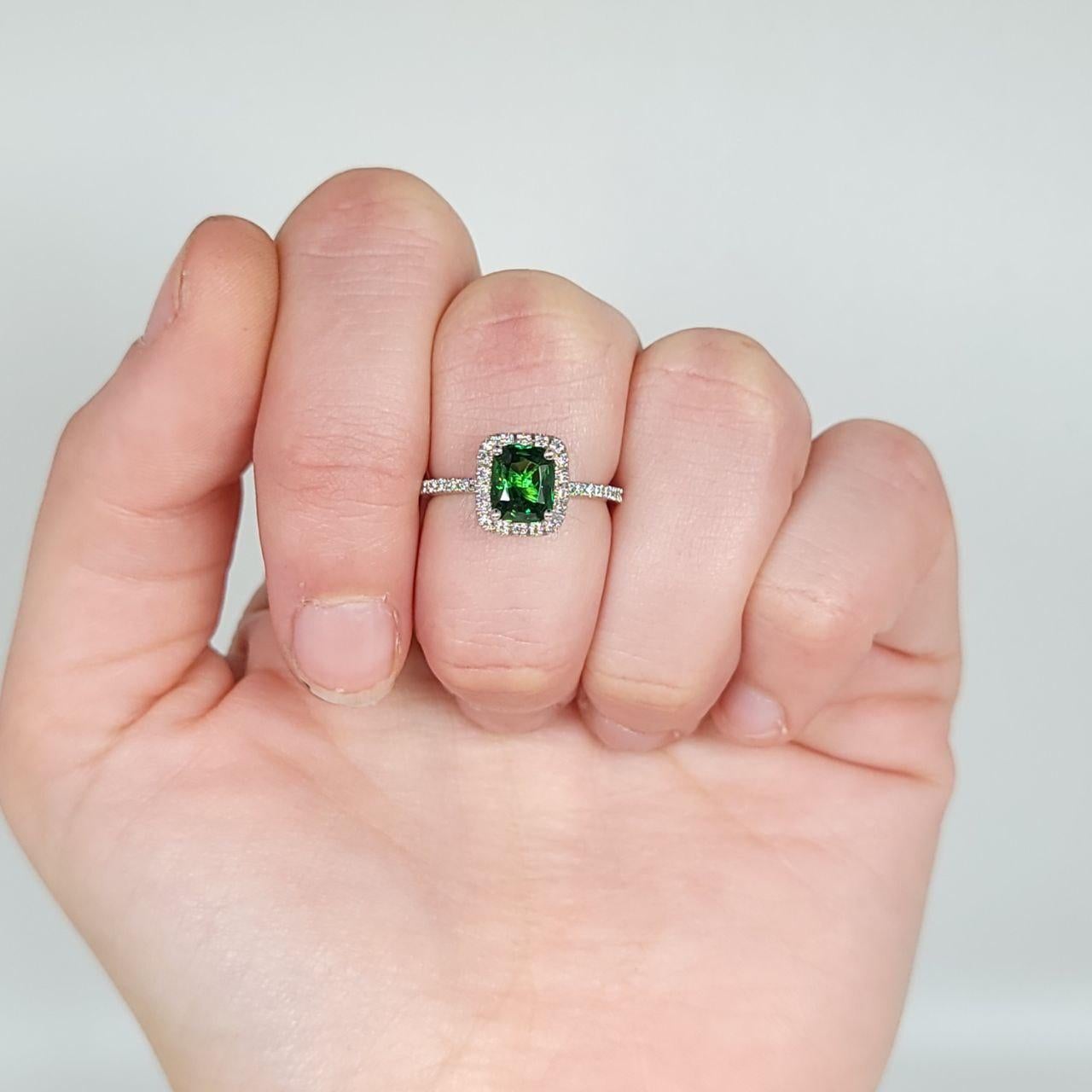 

GRAM WEIGHT: 2.69gr
GOLD: 14KT white gold

NATURAL DIAMOND(S)
Cut: Round Brilliant
Color: G-H 
Clarity: SI (average)
Carat: 0.28ct

NATURAL GARNET(S)-TSAVORITE
Cut: Emerald 
Color: Green
Clarity: Slightly Included (normal for natural gemstones and