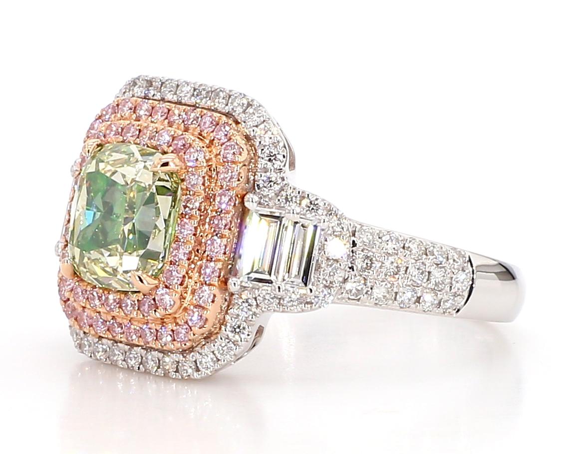 Breath taking triple halo green diamond ring, row 1 & 2 intense pink round, row 3 white diamond with 4 baguette diamonds to accent this beauty.

1.81 Ct Fancy Grayish Greenish Yellow [GIA# 1179325374]

Side Dia:
0.30 ct - White Baguette (4 pc)
0.27