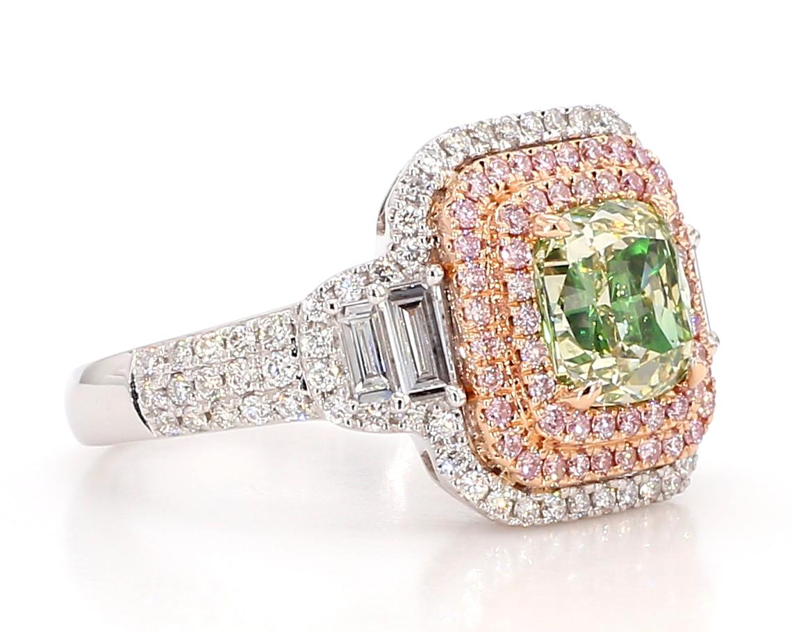 Green Diamond Cushion Cut 1.81 Carat GIA Certified double halo pink diamonds For Sale 2