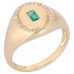 Green Diamond Emerald 14K (or 18k upon request) Yellow Gold Signet Ring
