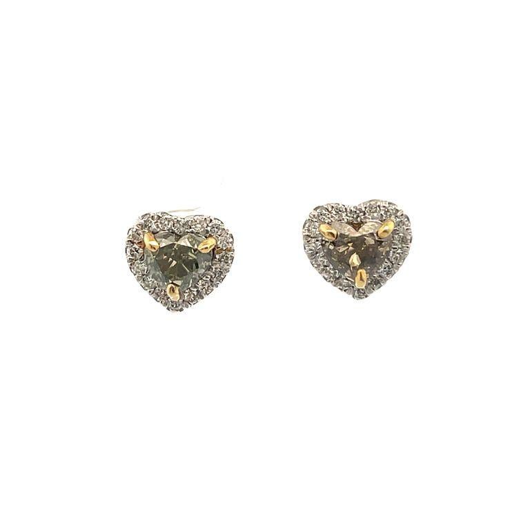 Green Diamond Halo Studs Earrings Heart shape 2.00ct White Dia. .80ct In 18KW  For Sale 1