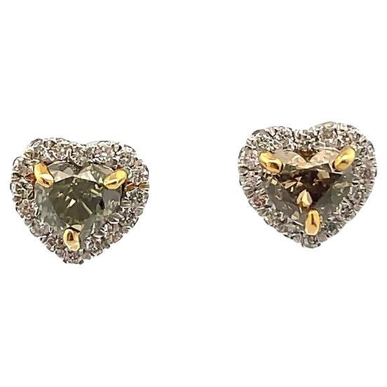 Green Diamond Halo Studs Earrings Heart shape 2.00ct White Dia. .80ct In 18KW  For Sale