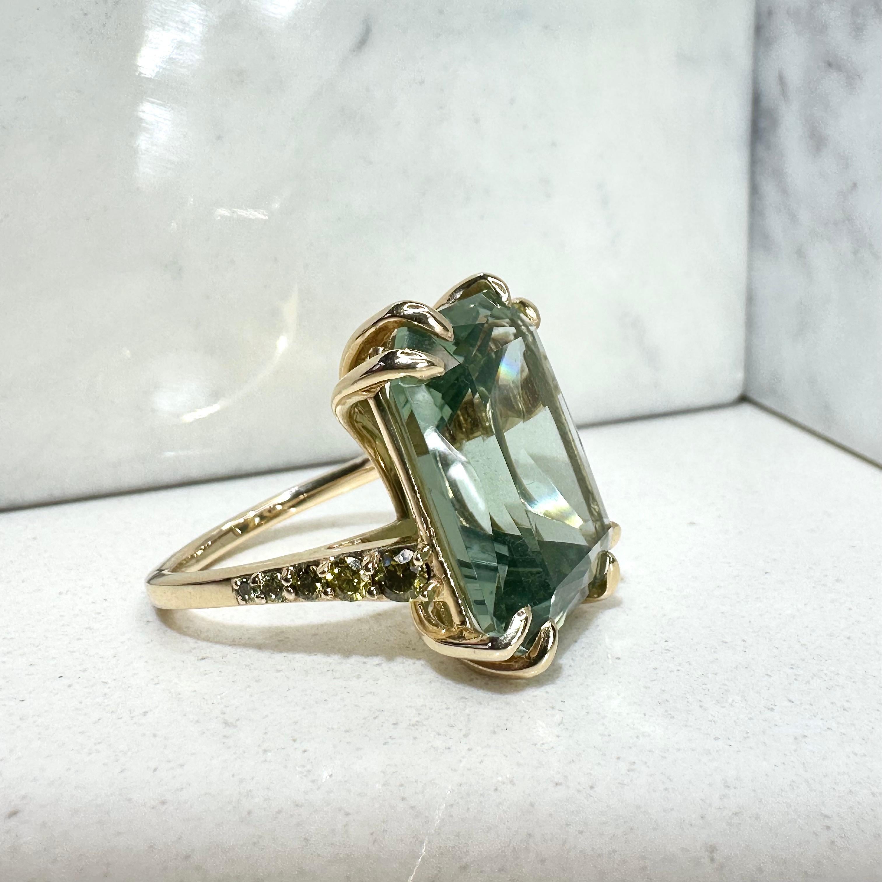 Kristin Hanson natural green diamond ring with special cut 23ct prasiolite, green amethyst gemstone cocktail ring set 14k gold. 

The forest is a mystical place, full of life and color. Recreating the decadent richness of the forest's depth in this