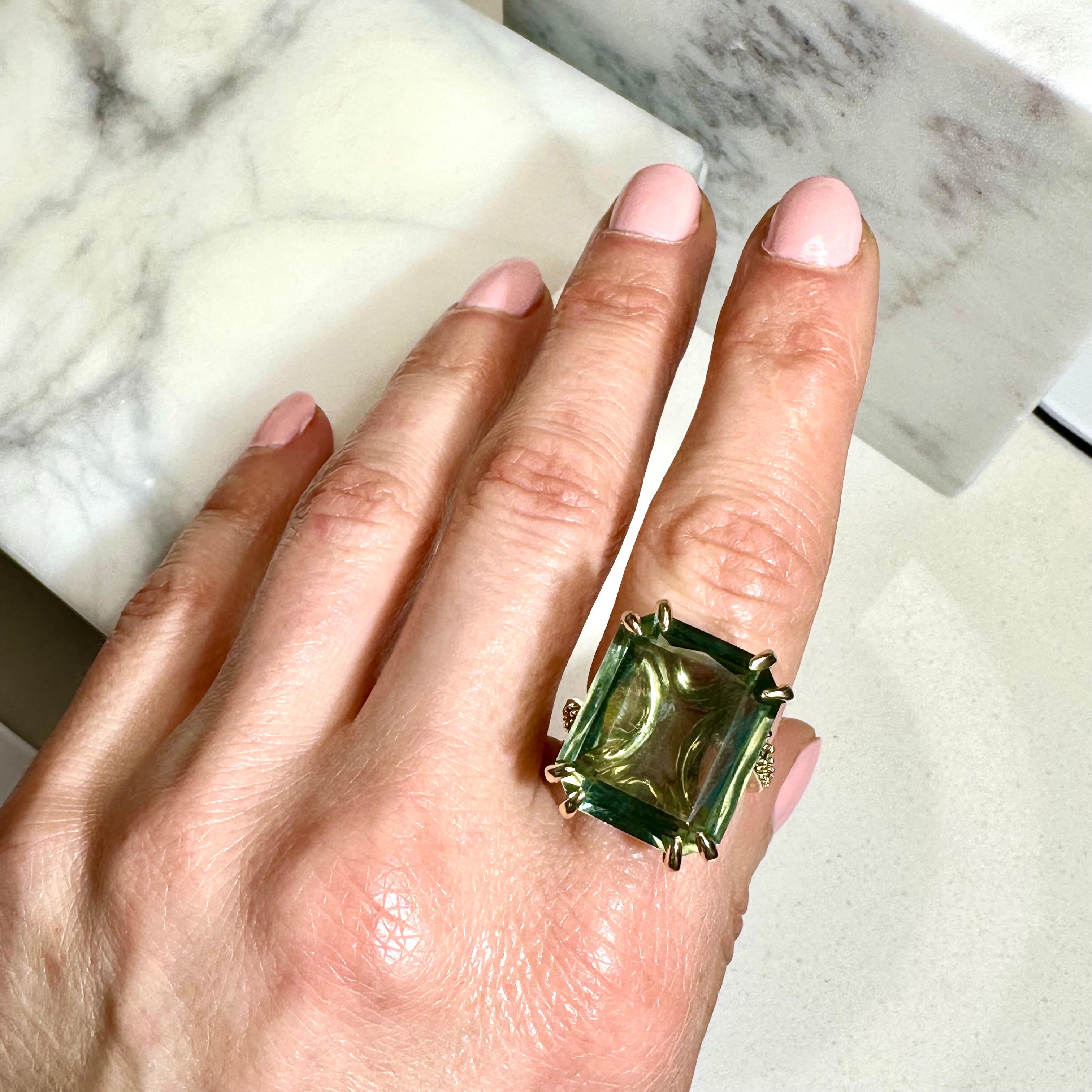 Emerald Cut Green Diamond Prasiolite 14k gold cocktail Ring  For Sale