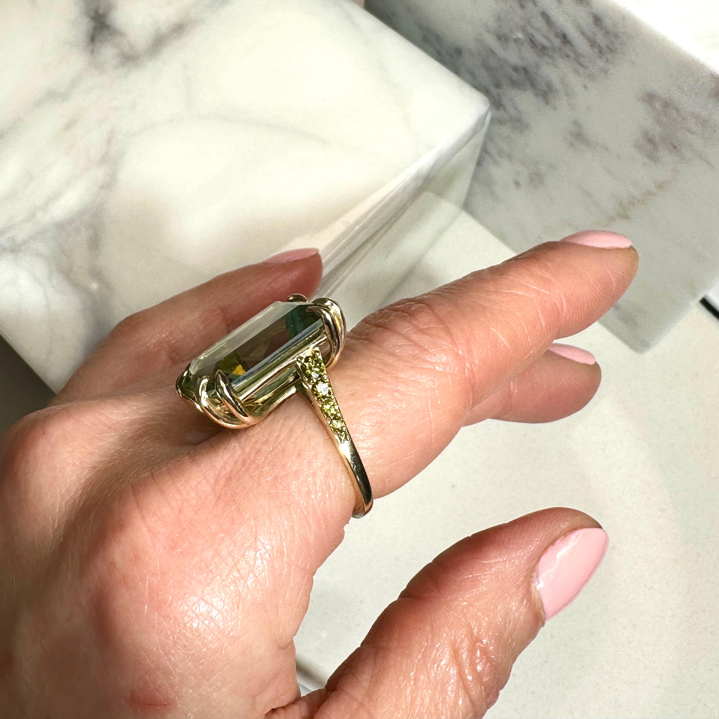 Green Diamond Prasiolite 14k gold cocktail Ring  In New Condition For Sale In Rhinebeck, NY