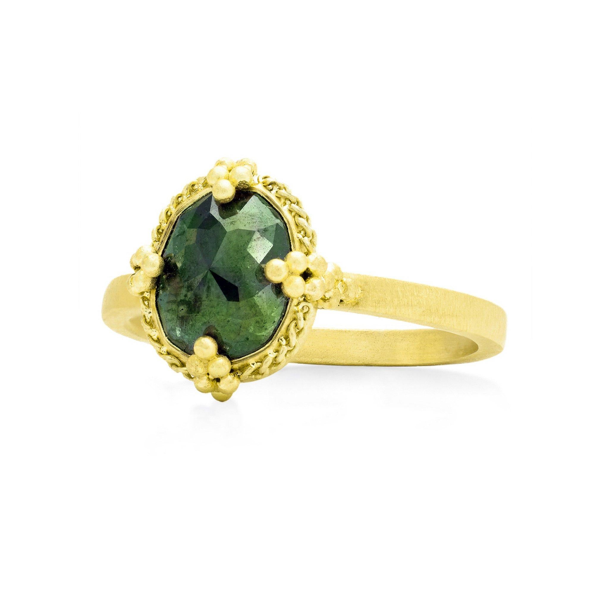 Reminiscent of a family heirloom, this one-of-a-kind ring features a rose-cut diamond encased in our signature chain bezel with beaded prongs. Covered in a surface of light reflecting facets, the forest green color of this diamond is undeniably