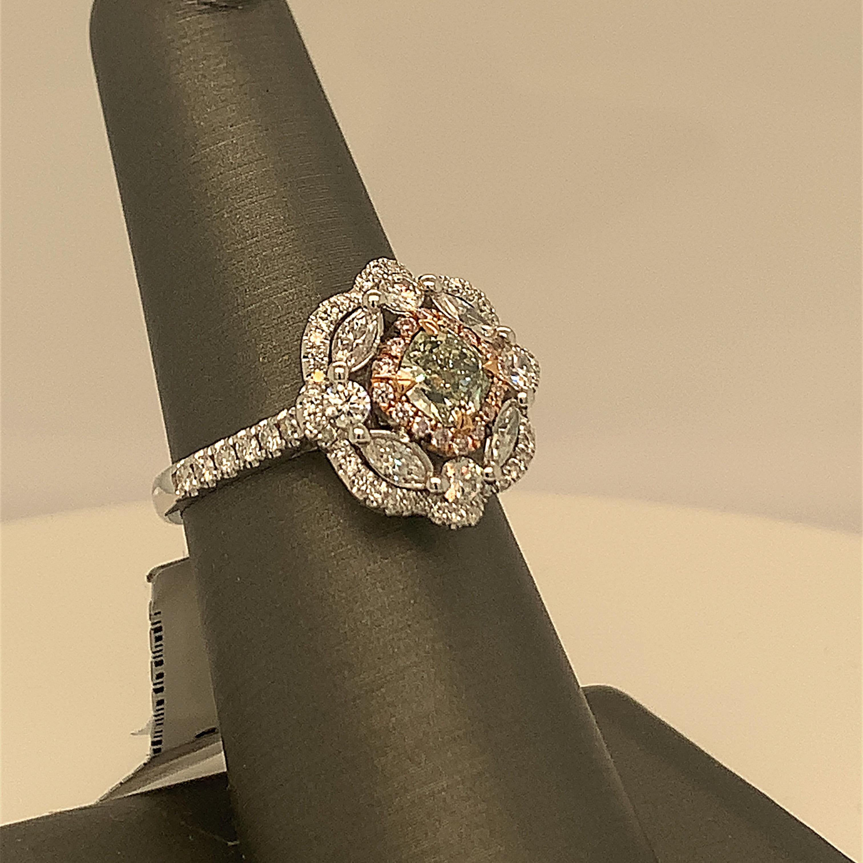 Green Diamond Ring with Halo of Pink 6