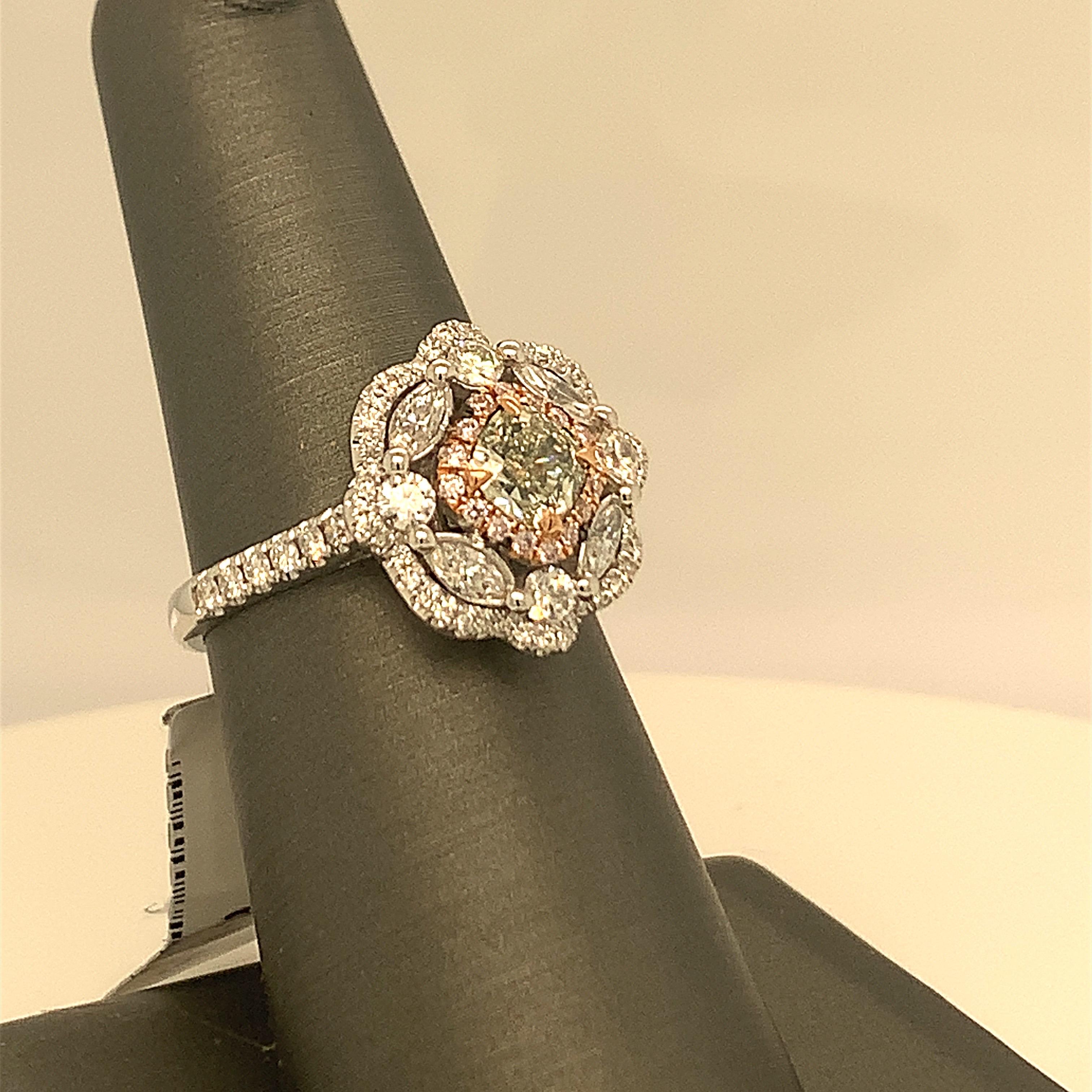 Artisan Green Diamond Ring with Halo of Pink