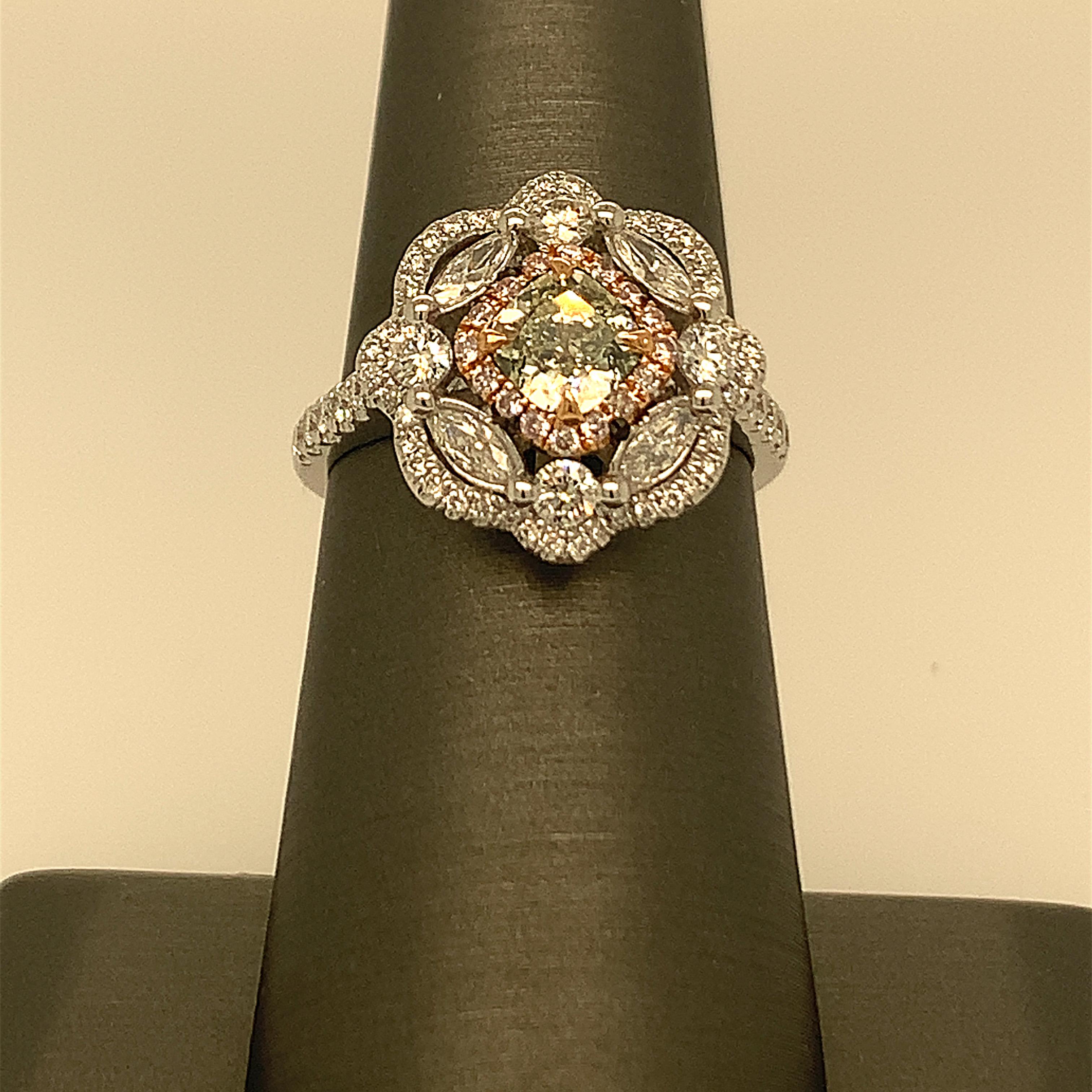 Cushion Cut Green Diamond Ring with Halo of Pink