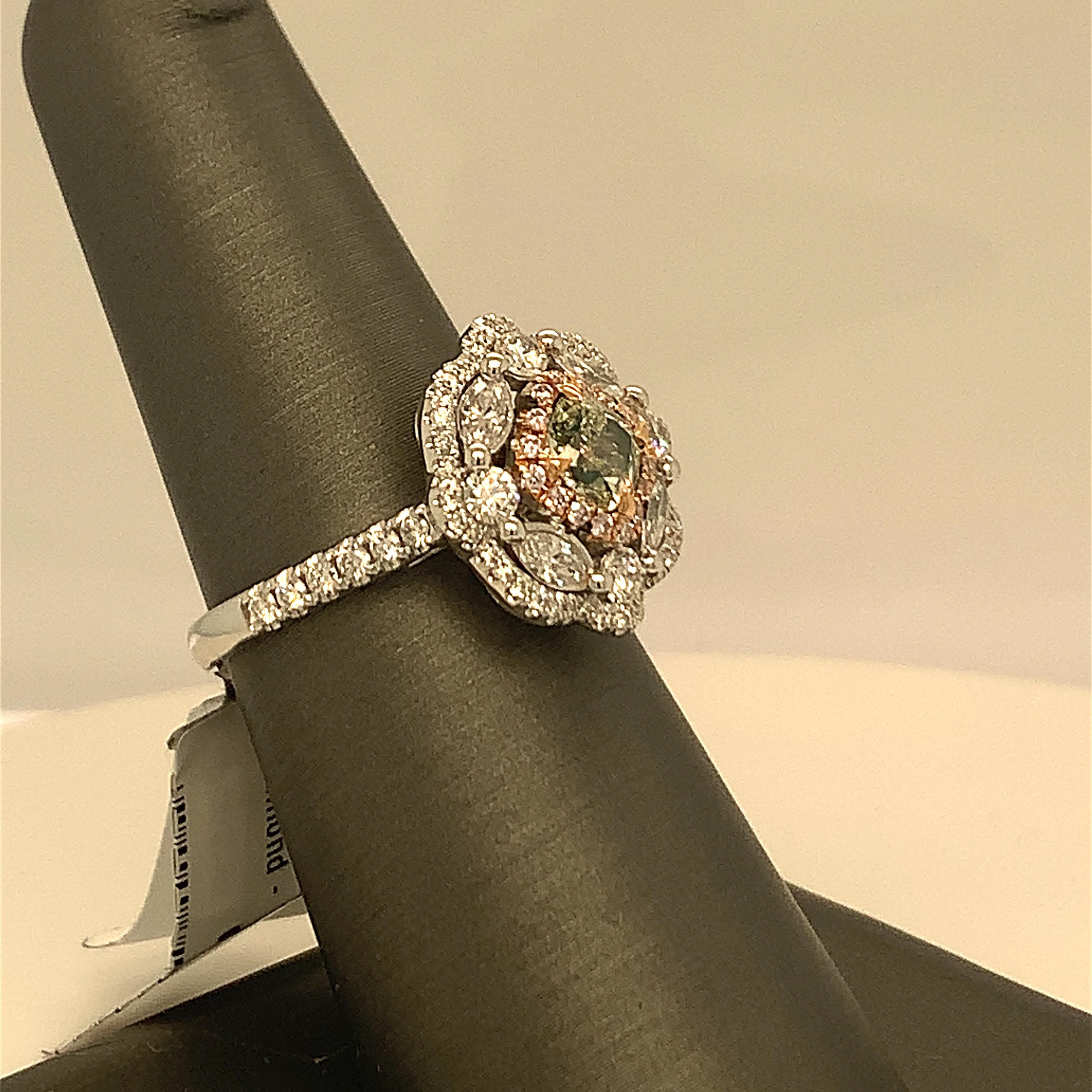 Green Diamond Ring with Halo of Pink 1