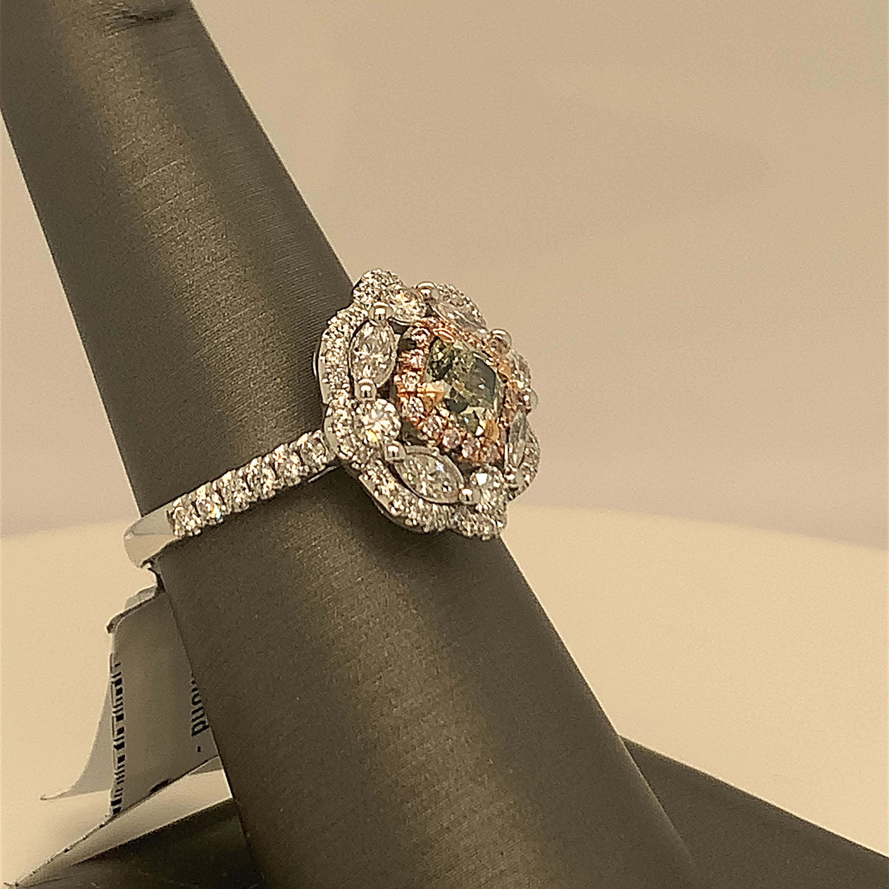 Green Diamond Ring with Halo of Pink 3