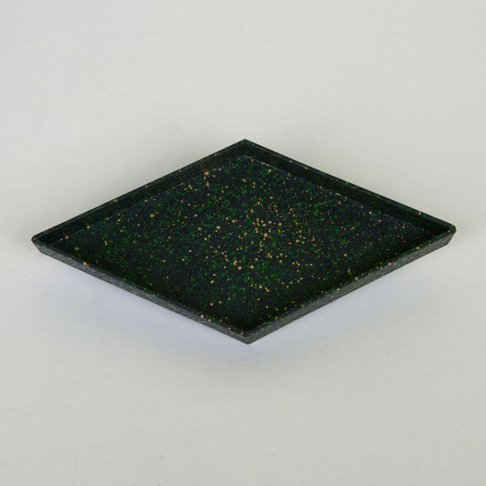 Acrylic and shellac based inks on Ingres paper
Stamped by artist on underside

A hand-constructed, hand-painted tray wrapped in a black and green porphyry-inspired design, accented with gold paint. The tray takes on a diamond shape and has a high