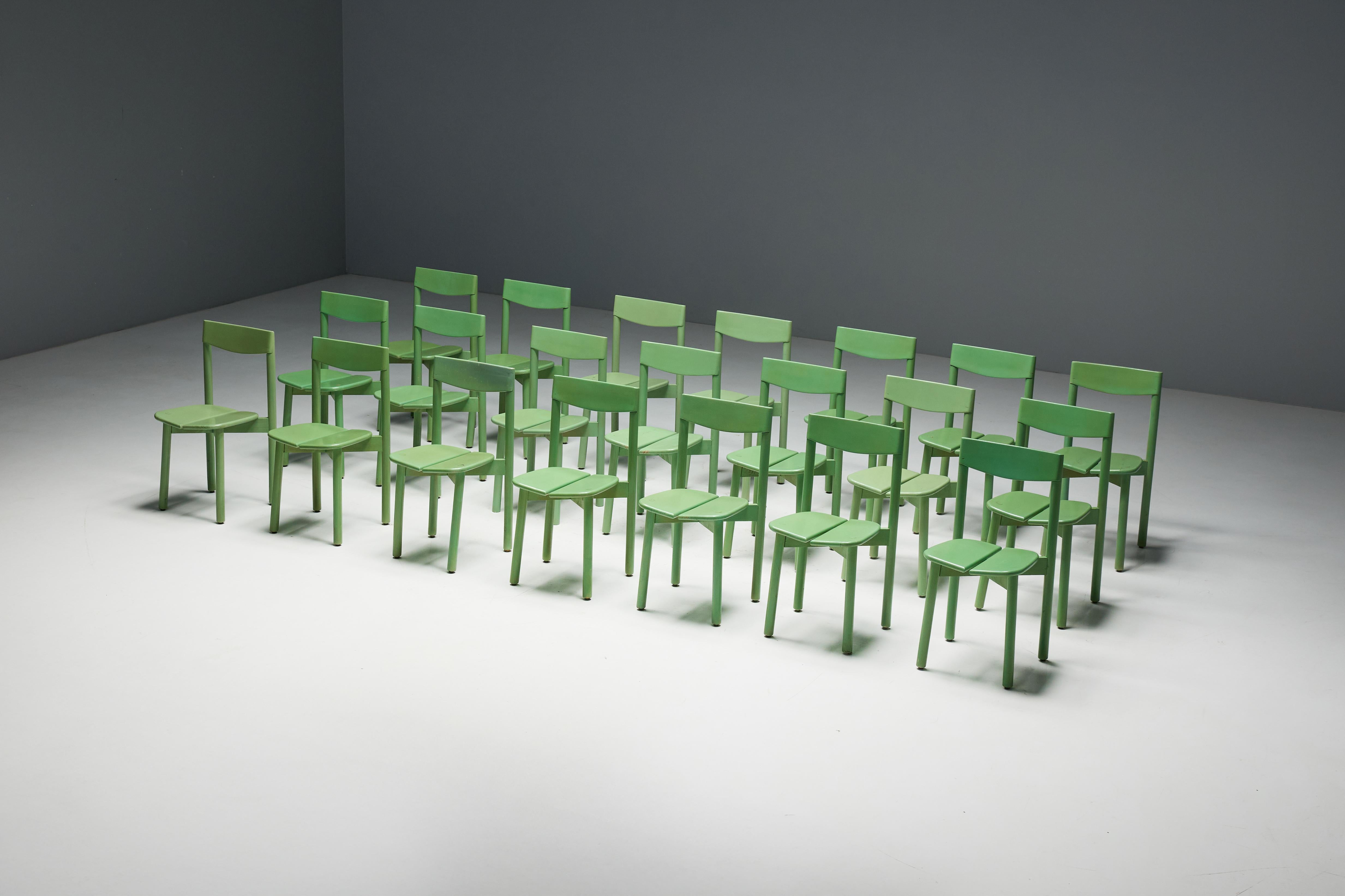 These “Coffee Bean” chairs by French designer Pierre Gautier Delaye, circa 1965, are crafted in stained beechwood and now finished in a fresh green paint. Their organic split seat design, slender cylindrical legs, and small curved backrest create a