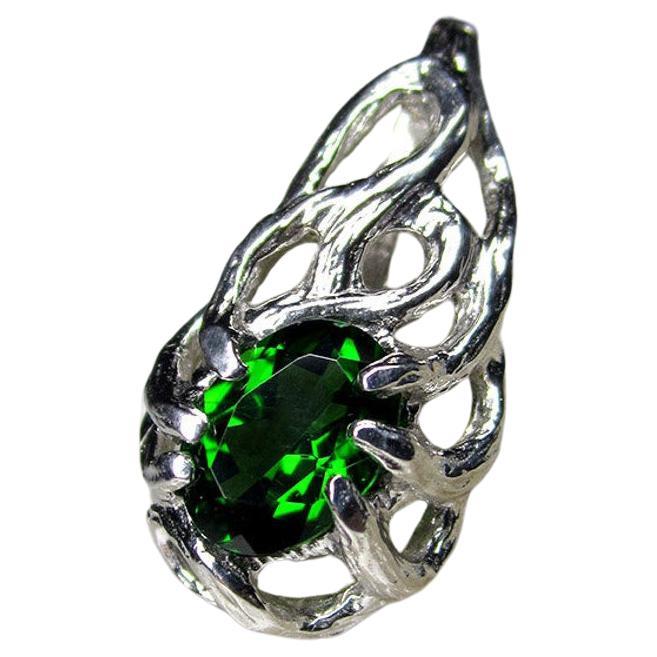 Green Diopside Silver Pendant Deep Green Gemstone  For Sale