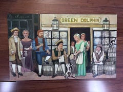 Green Dolphin Inn Gathering Painting  Outsider Folk Artist Gloria Laposka