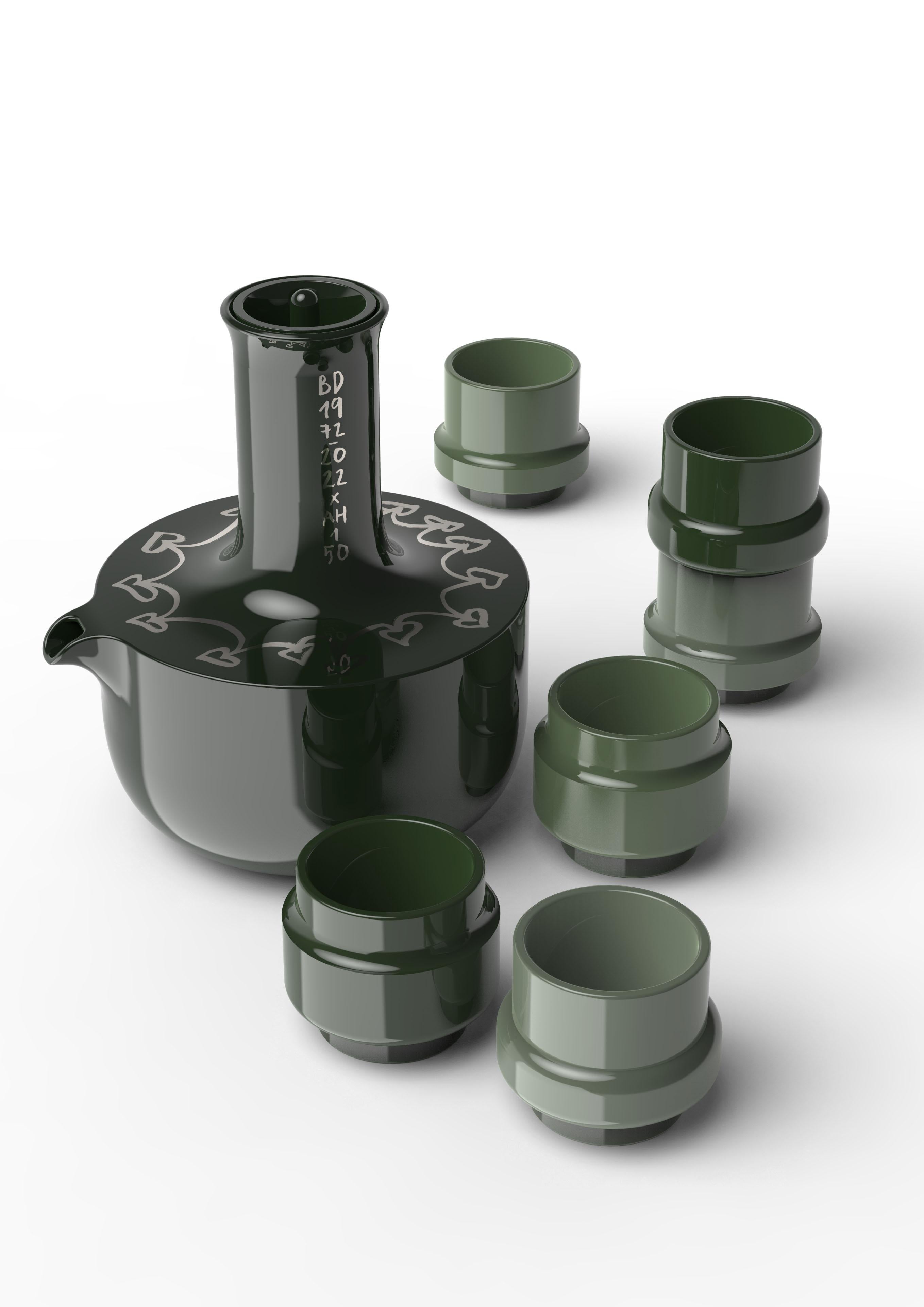 Green Doobide srockery set by Alfredo Häberli
Limited Edition of 10 sets per color.
Materials: Dyed porcelain, painted by hand in platinum.
Dimensions: Teapot: D 16 x W 16 x H 18 cm. 
Teacup: D 6,5 x W 6,5 x H 5,6 cm.
Available in Beige, Green,