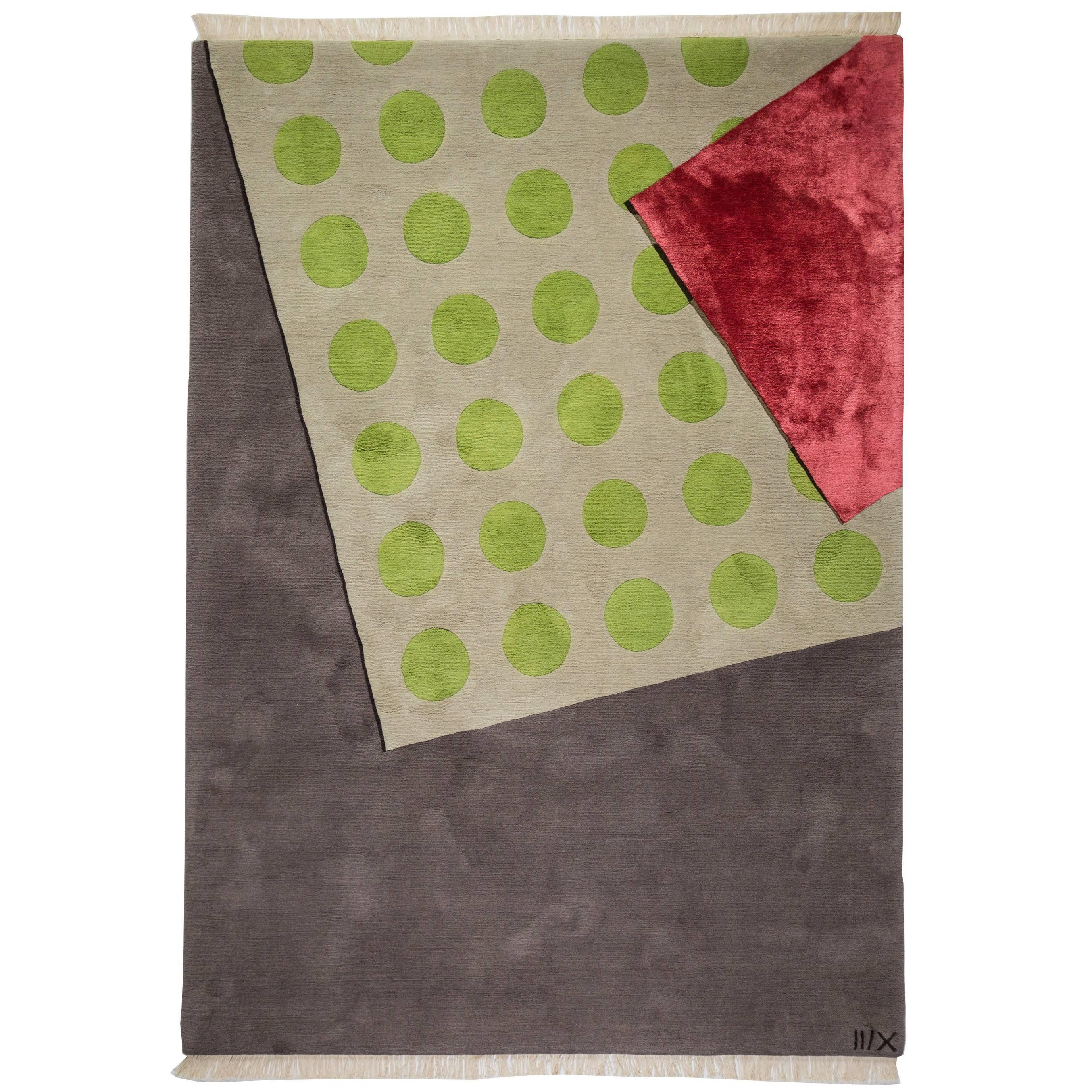 Rug Green Dots - Modern Unique Geometric Grey Wool and Silk with Red and Green