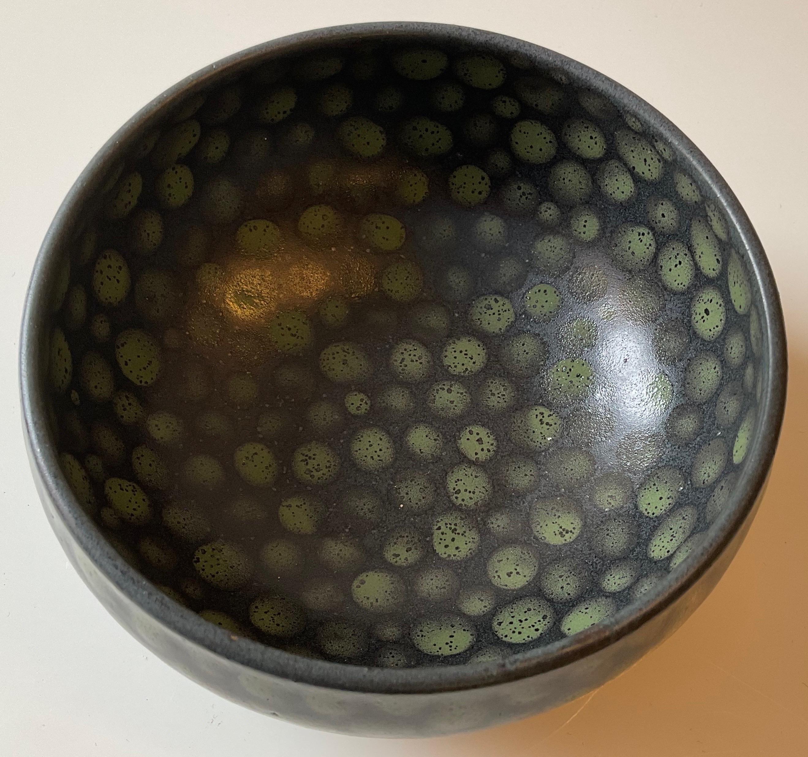 Contemporary Green Dots on Black Small Hand-Thrown Stoneware Bowl