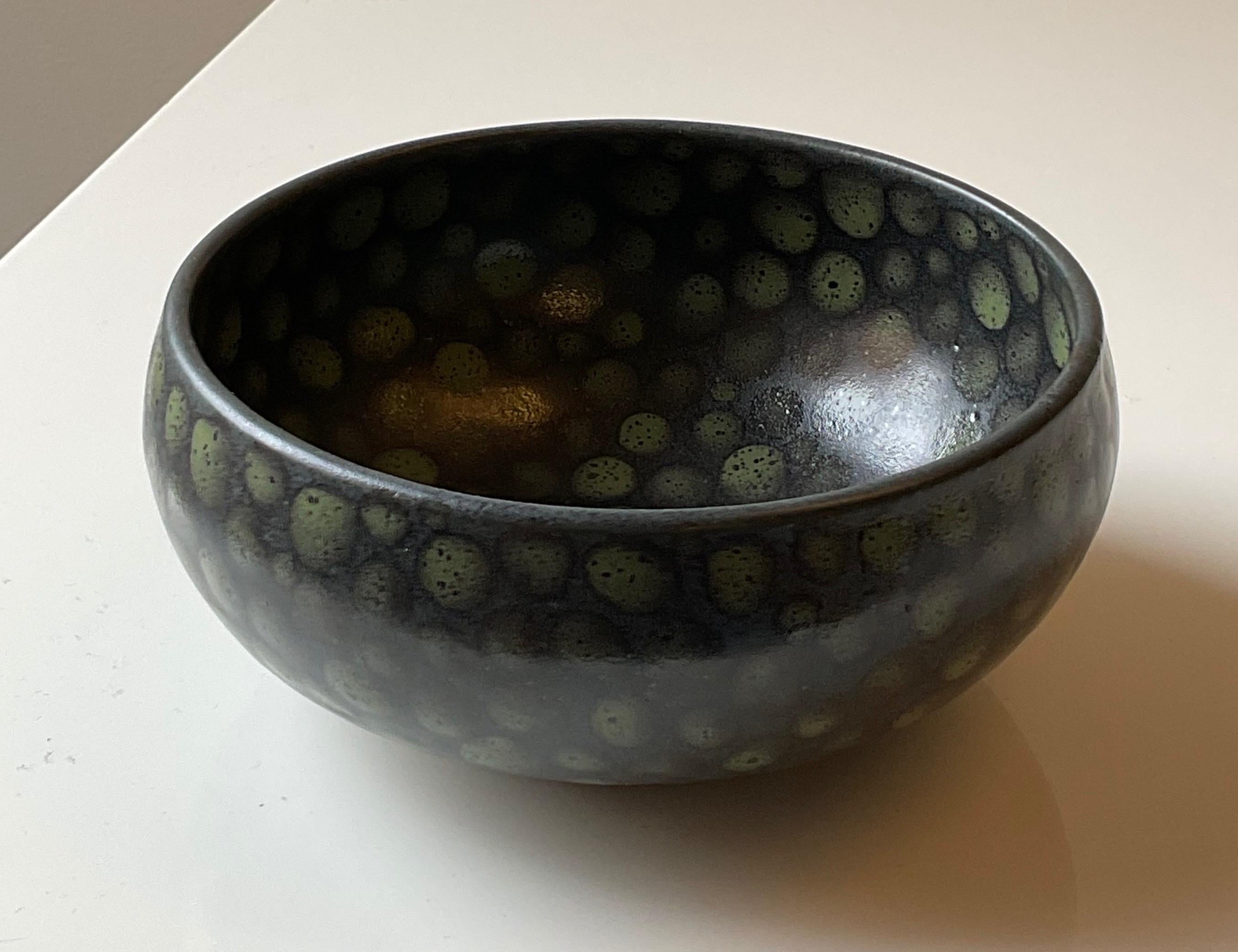 Green Dots on Black Small Hand-Thrown Stoneware Bowl 1