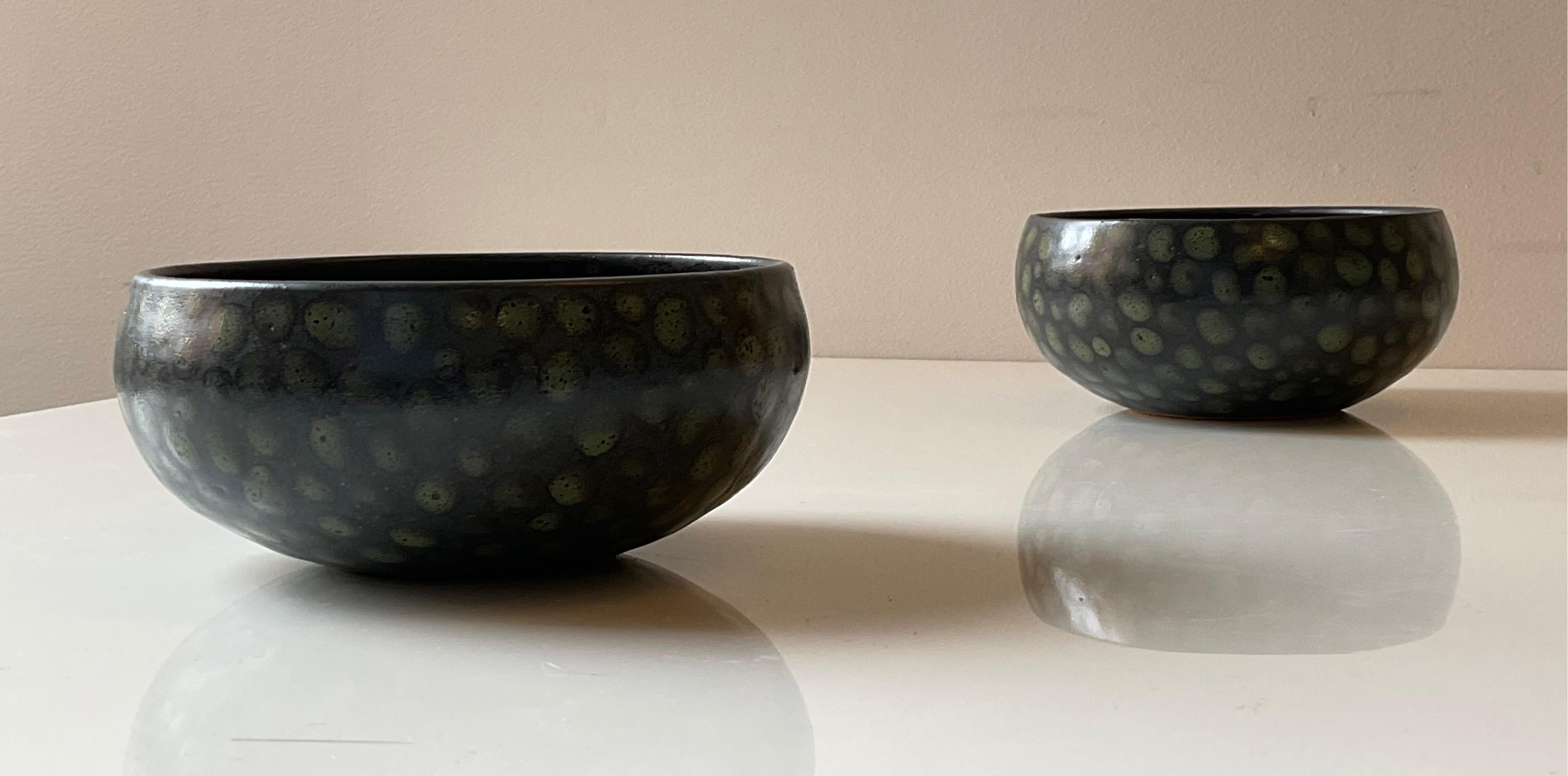 Green Dots on Black Small Hand-Thrown Stoneware Bowl 2