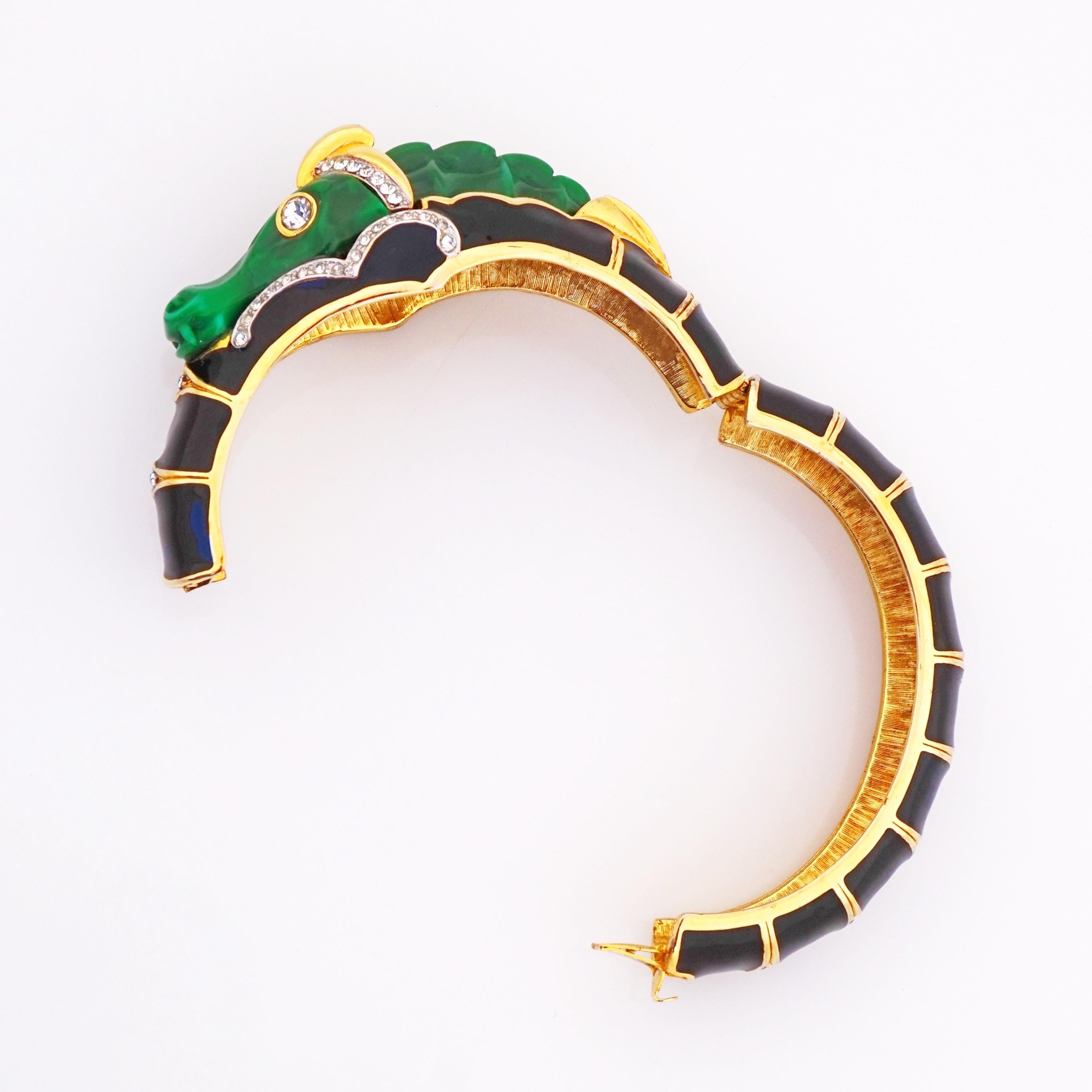 Women's Green Dragon Black Enamel Hinged Bangle Bracelet By Kenneth Jay Lane, 1960s