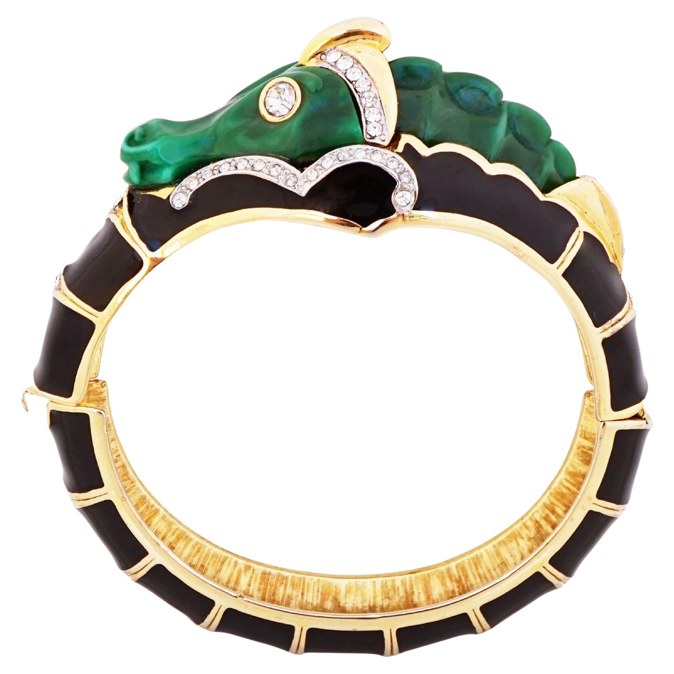 Green Dragon Black Enamel Hinged Bangle Bracelet By Kenneth Jay Lane, 1960s
