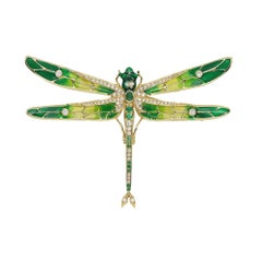 Green Dragonfly Enamel Brooch Pin Emerald and Diamonds 18 Karat
