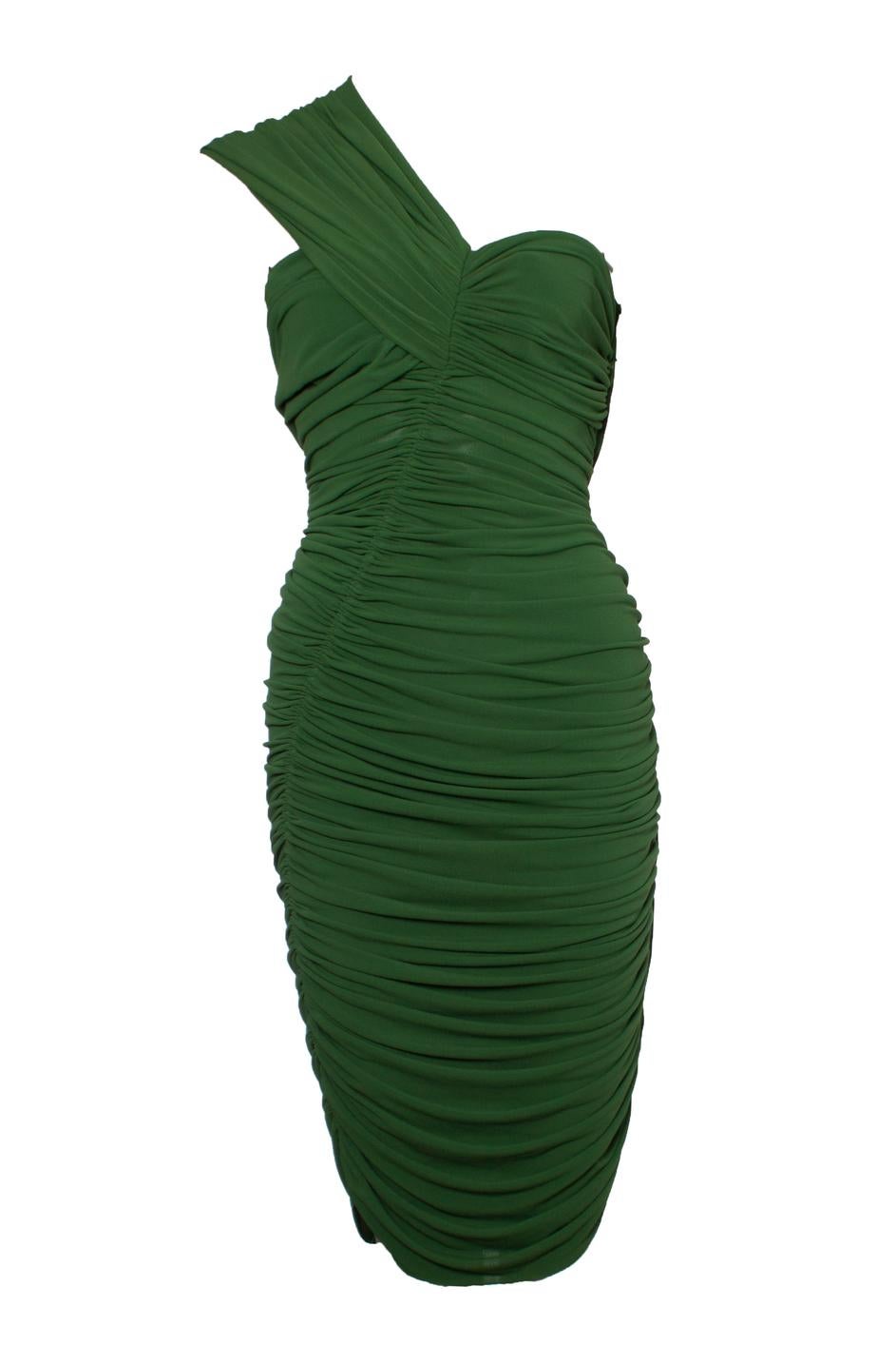 Black Green draped dress with one shoulder For Sale