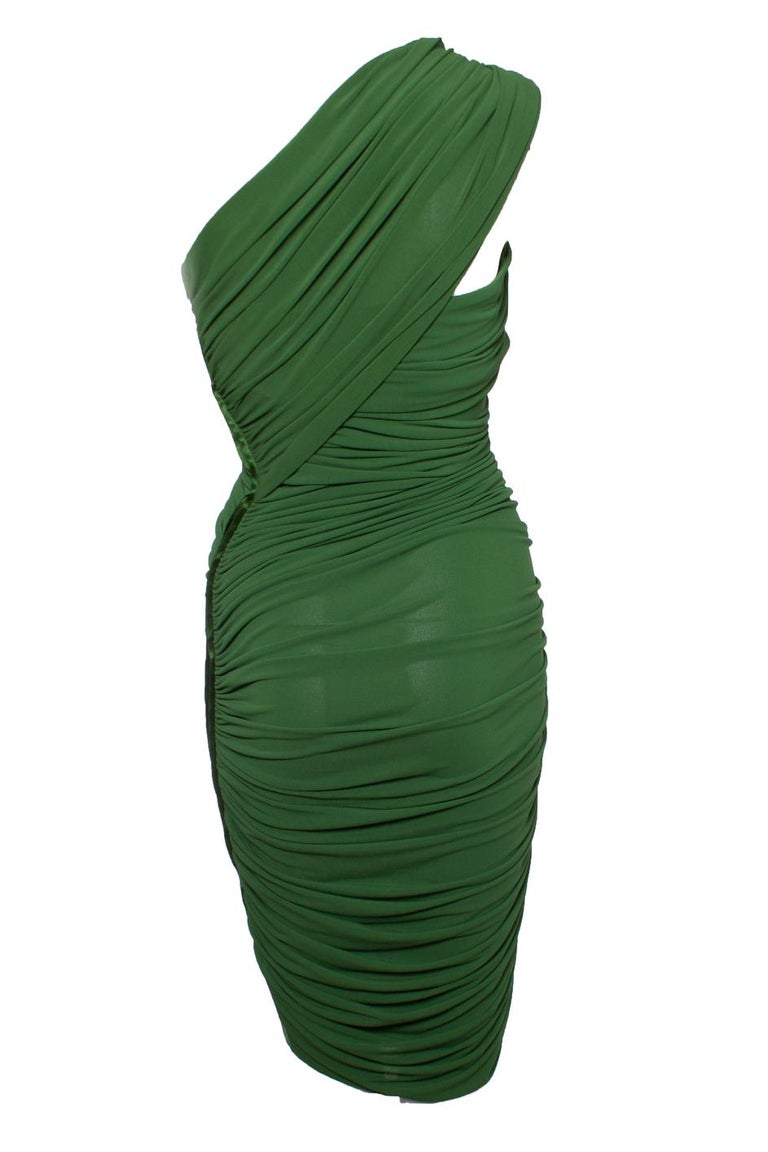 Green draped dress with one shoulder For Sale at 1stDibs