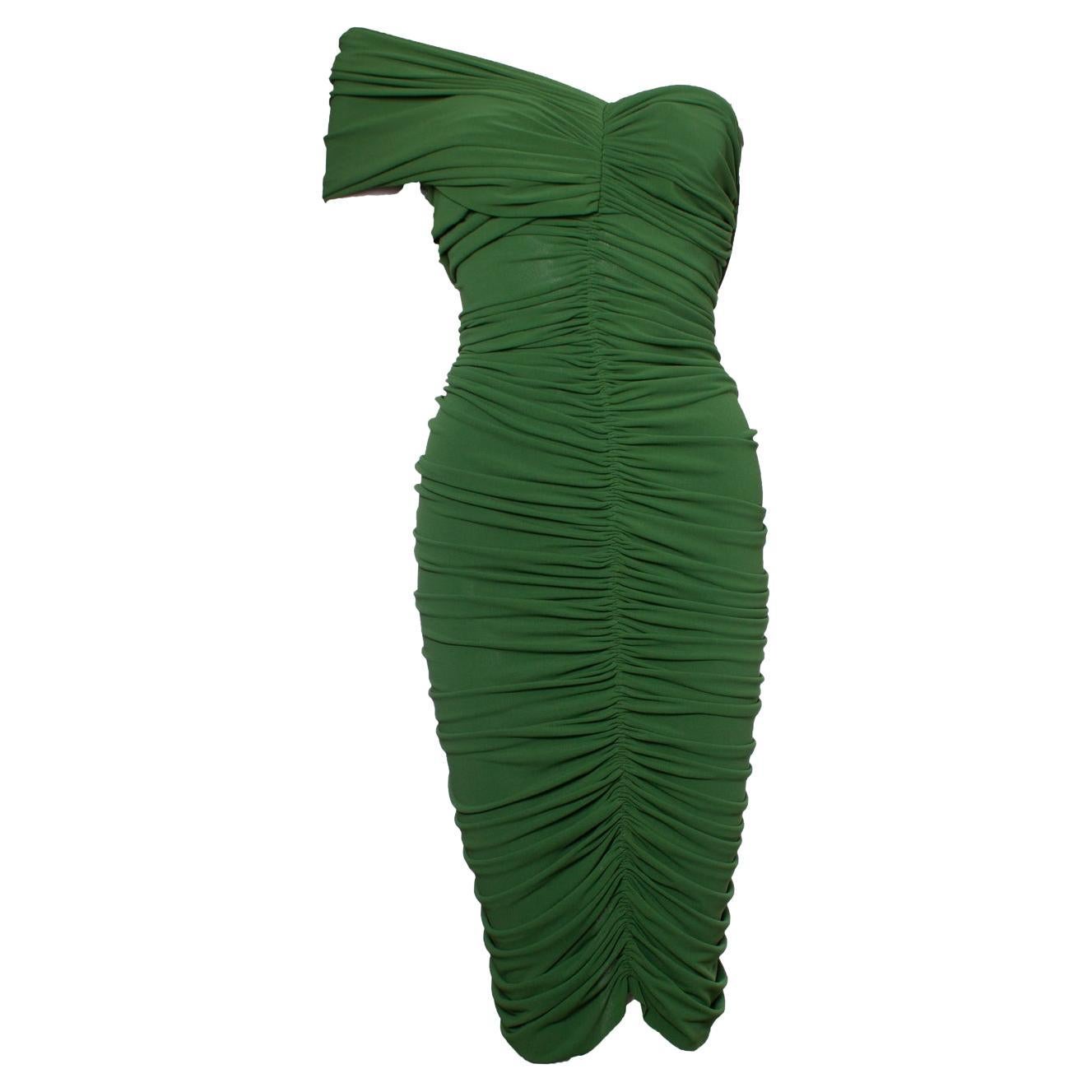 Green draped dress with one shoulder For Sale