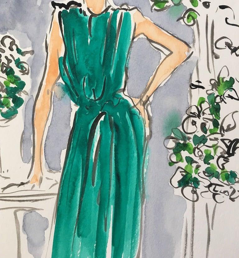 Modern Green Dress, Watercolor on Paper